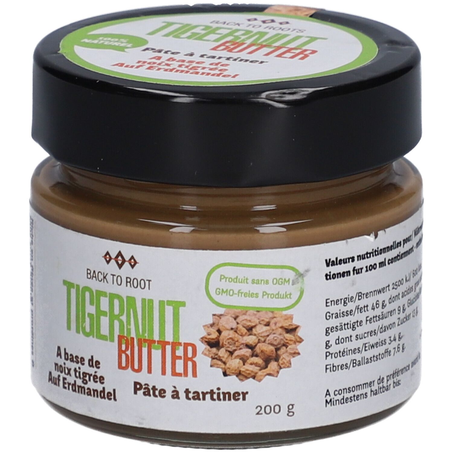 Pot de beurre de souchet. Étiquette avec informations nutritionnelles. Couvercle noir. 200g.