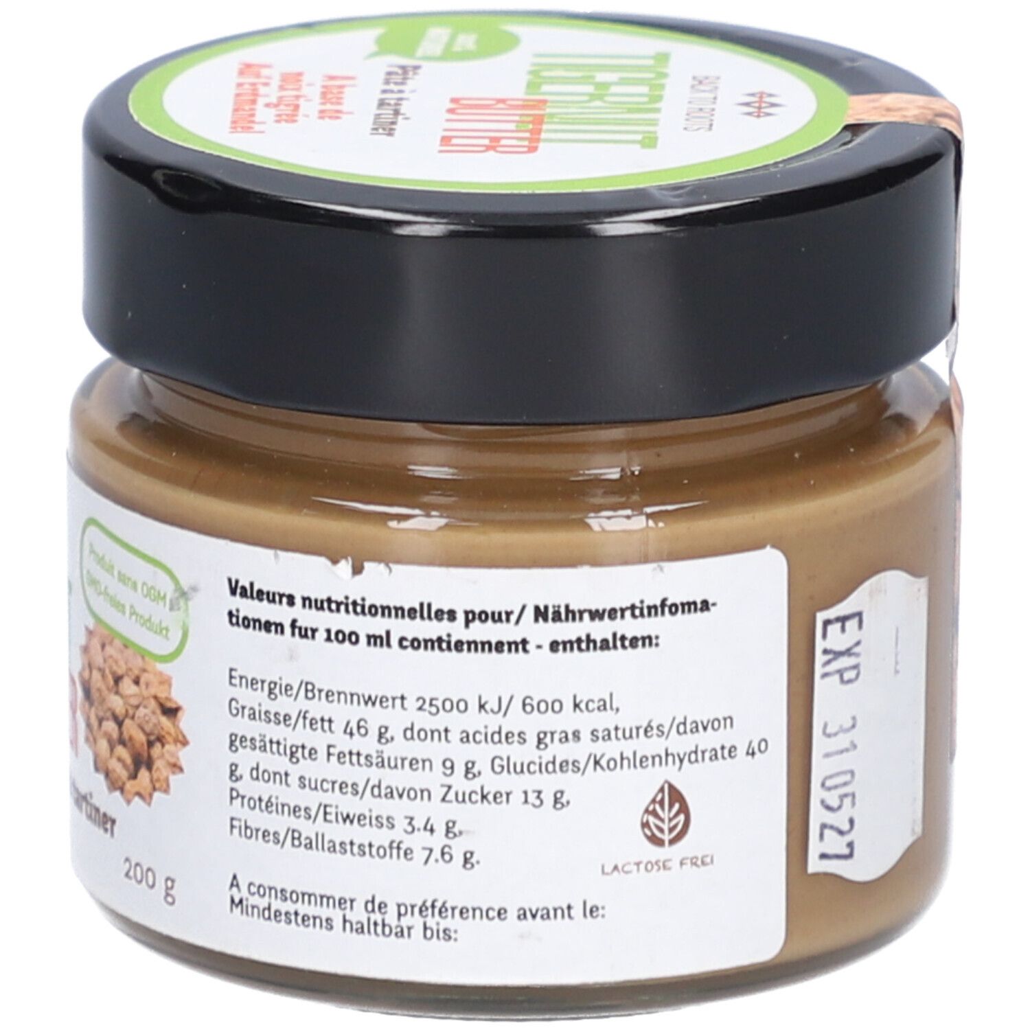 Pot de beurre de souchet. Étiquette avec informations nutritionnelles et date de péremption. 200g.