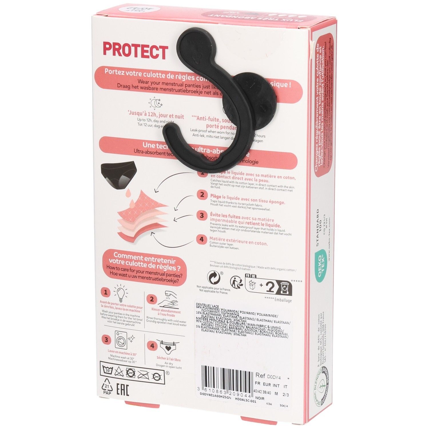 Rückseite der DIM-Verpackung. Informationen zur Verwendung und Pflege des Menstruationsslips. Waschsymbole. Oeko-Tex-Zertifizierung.