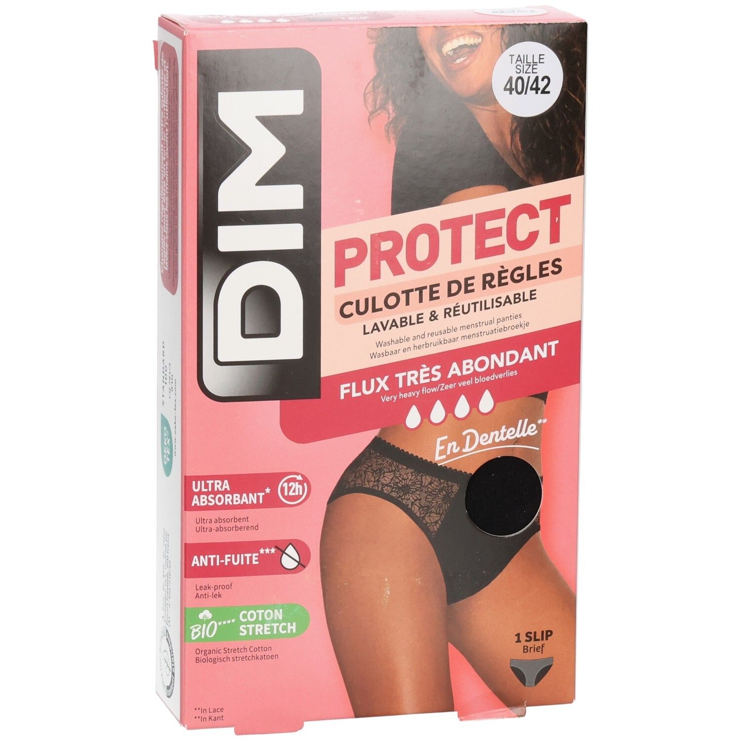 DIM-Verpackung, Vorderansicht. Rosa-weiße Box mit Produktabbildung und Text. Größe 40/42. Sehr starker Blutfluss.