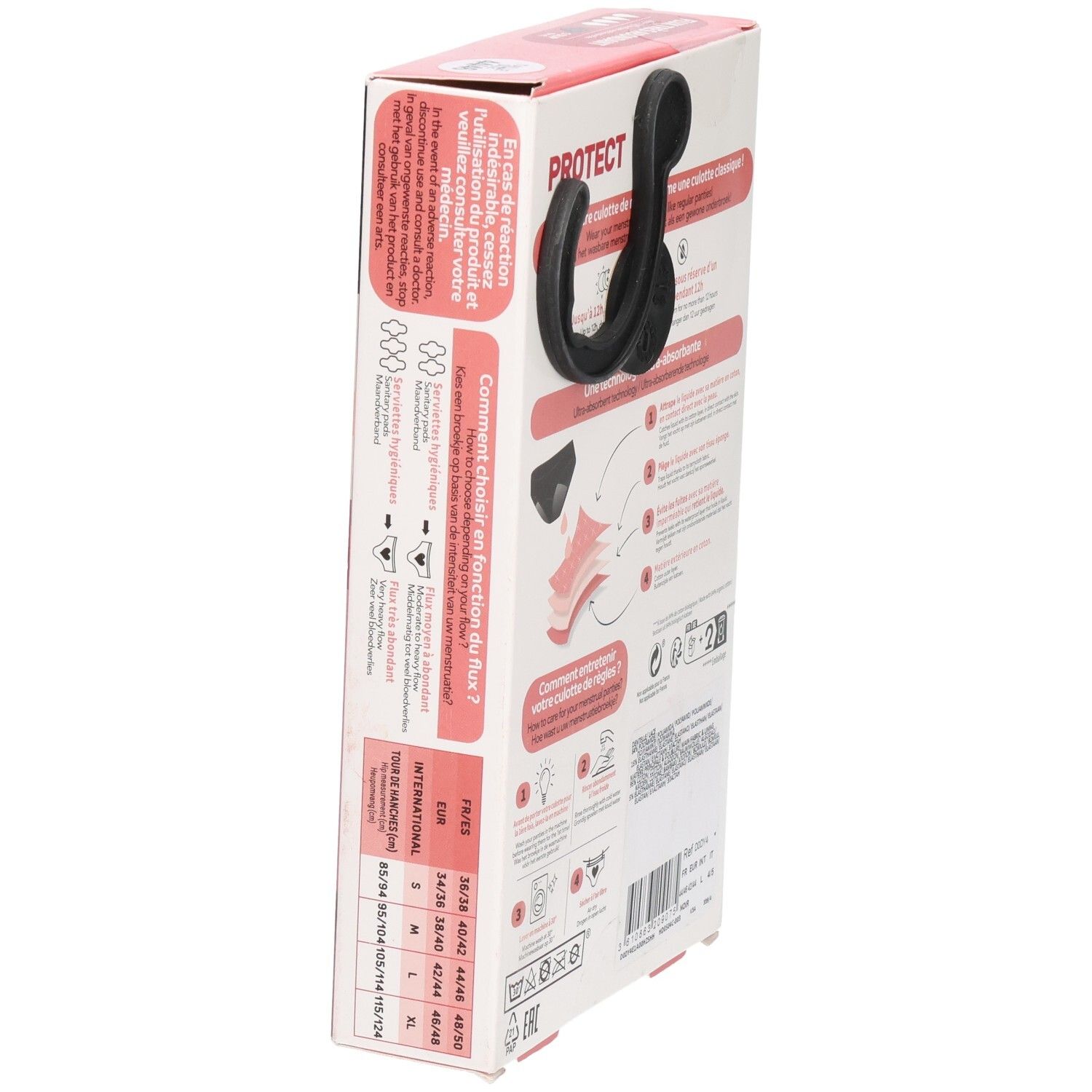 DIM Protect Verpackung, Seitenansicht. Größenangaben. Informationen zum Produkt. Schwarzer Slip.