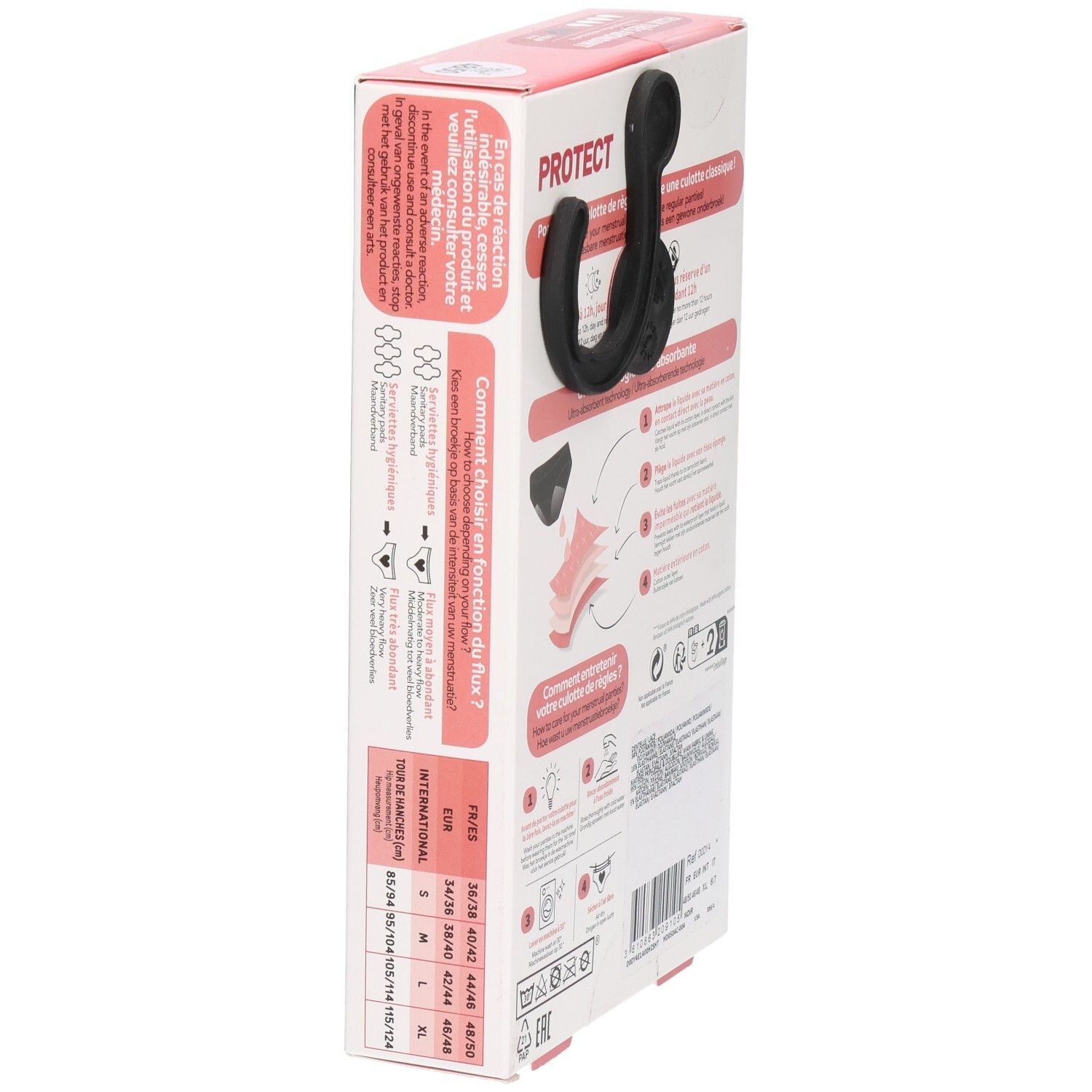 Verpackung DIM Protect Menstruationsslip. Seitenansicht mit Produktinformationen und Größentabelle.