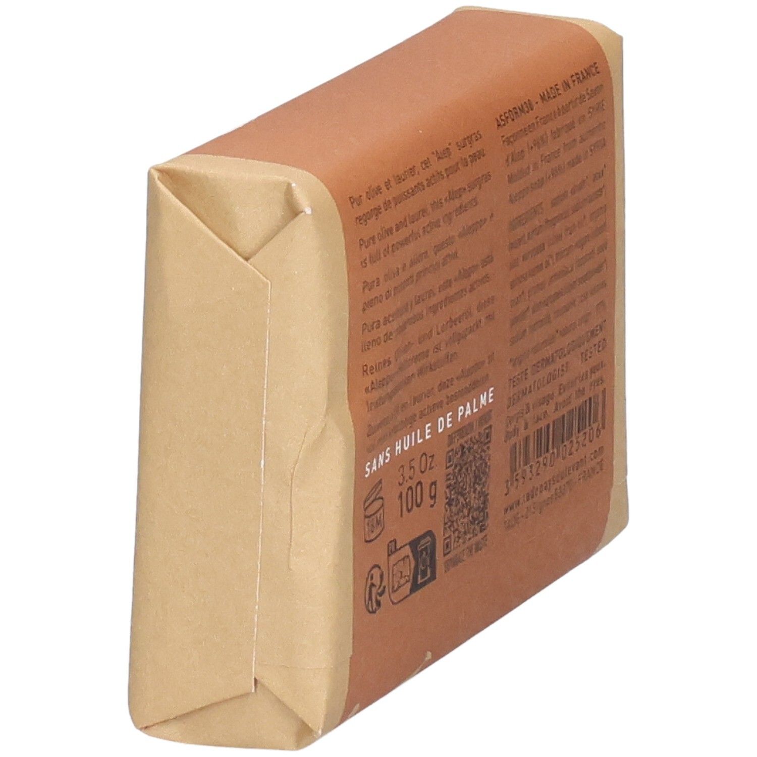 Aleppo Seife, 100g, mit Arganöl, Bio, Peeling-Seife, schräg von hinten.