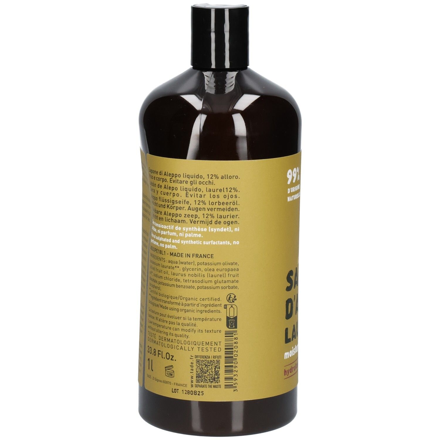 Rückseite einer dunklen Flasche Flüssigseife mit detaillierten Inhaltsstoffen und Herstellungsangaben.
