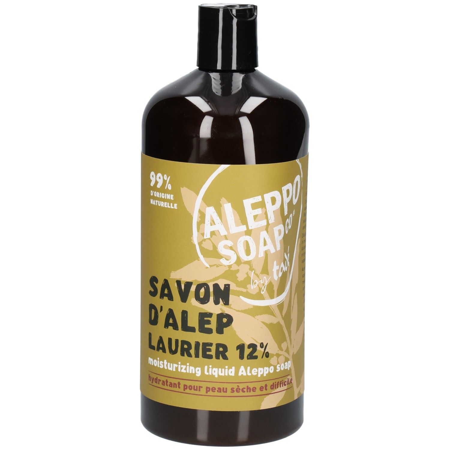 Flüssigseife in dunkler Flasche mit gelbem Etikett. "Savon d'Alep Laurier 12%" und "Aleppo Soap Co."