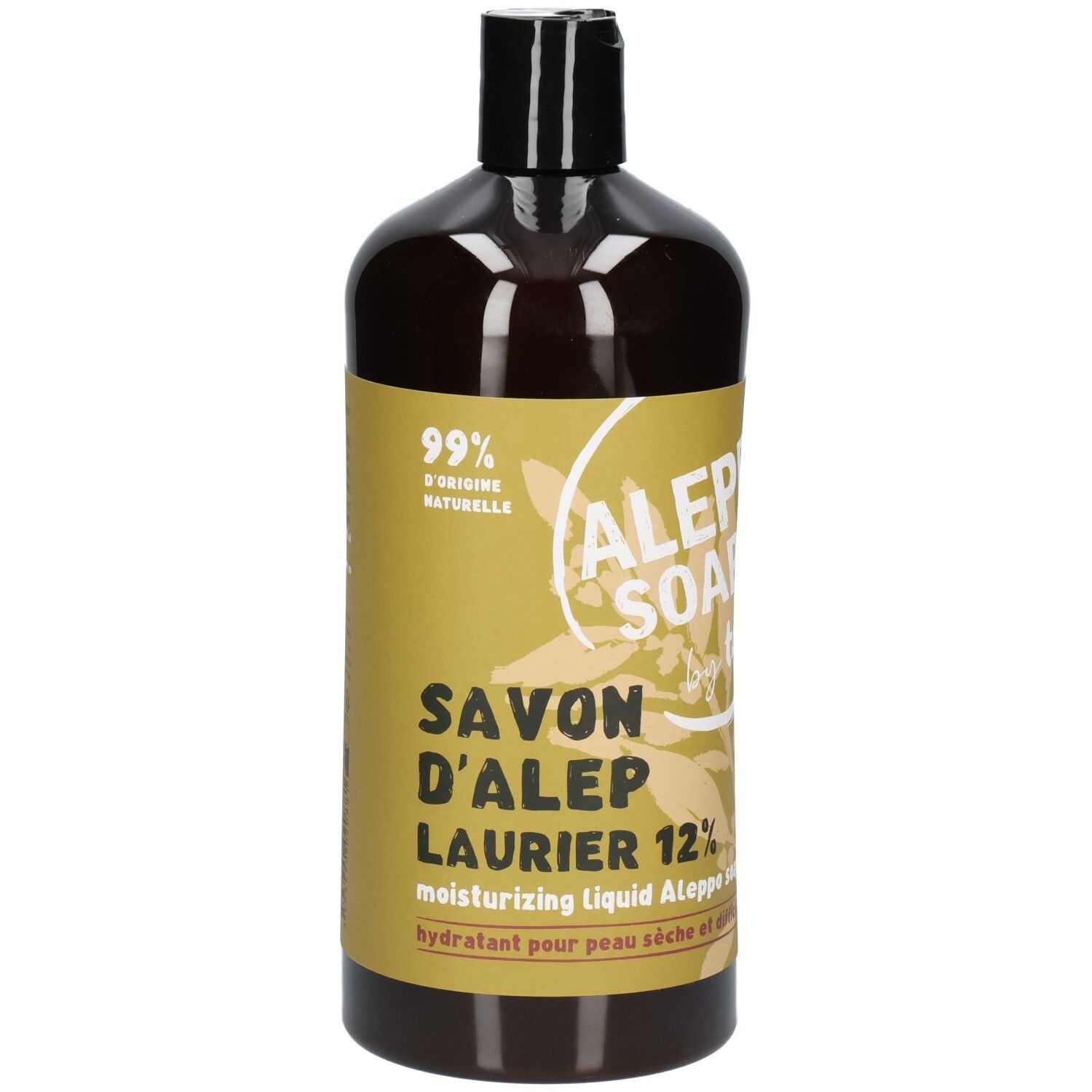 Flüssigseife in dunkler Flasche mit gelbem Etikett. "Savon d'Alep Laurier 12%" und "99% d'origine naturelle".