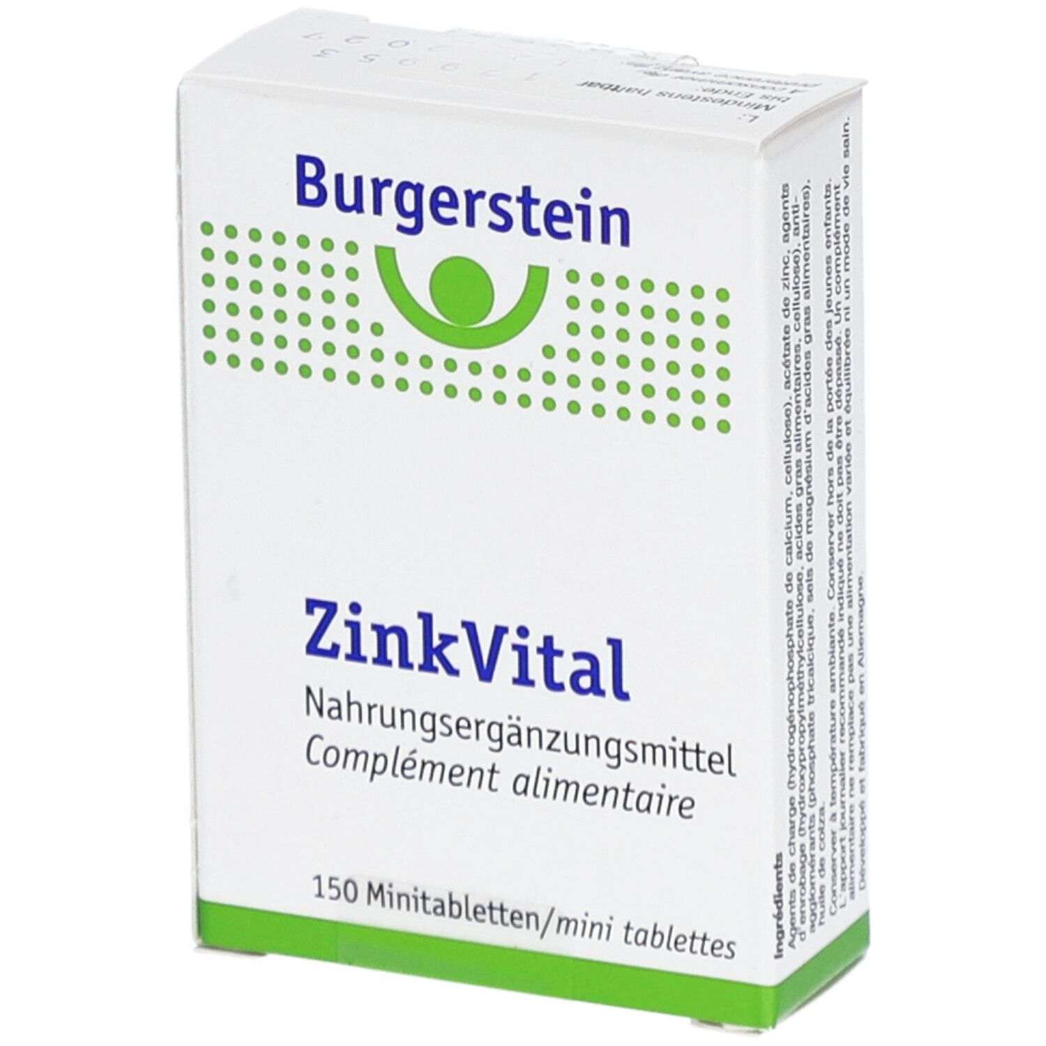 Weiße Schachtel mit "Burgerstein ZinkVital". Text: Nahrungsergänzungsmittel, 150 Minitabletten. Grünes Logo.