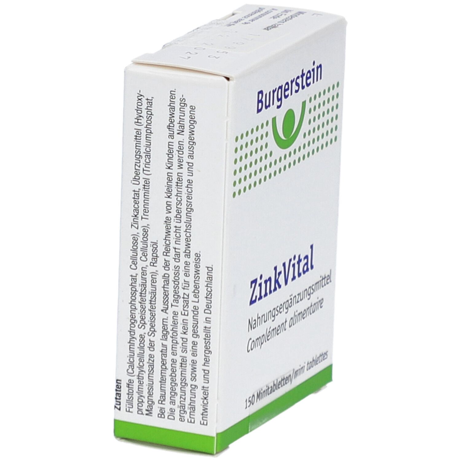 Weiße Schachtel "Burgerstein ZinkVital". Seitenansicht mit Text: Zutaten, 150 Minitabletten. Logo und Markenname.