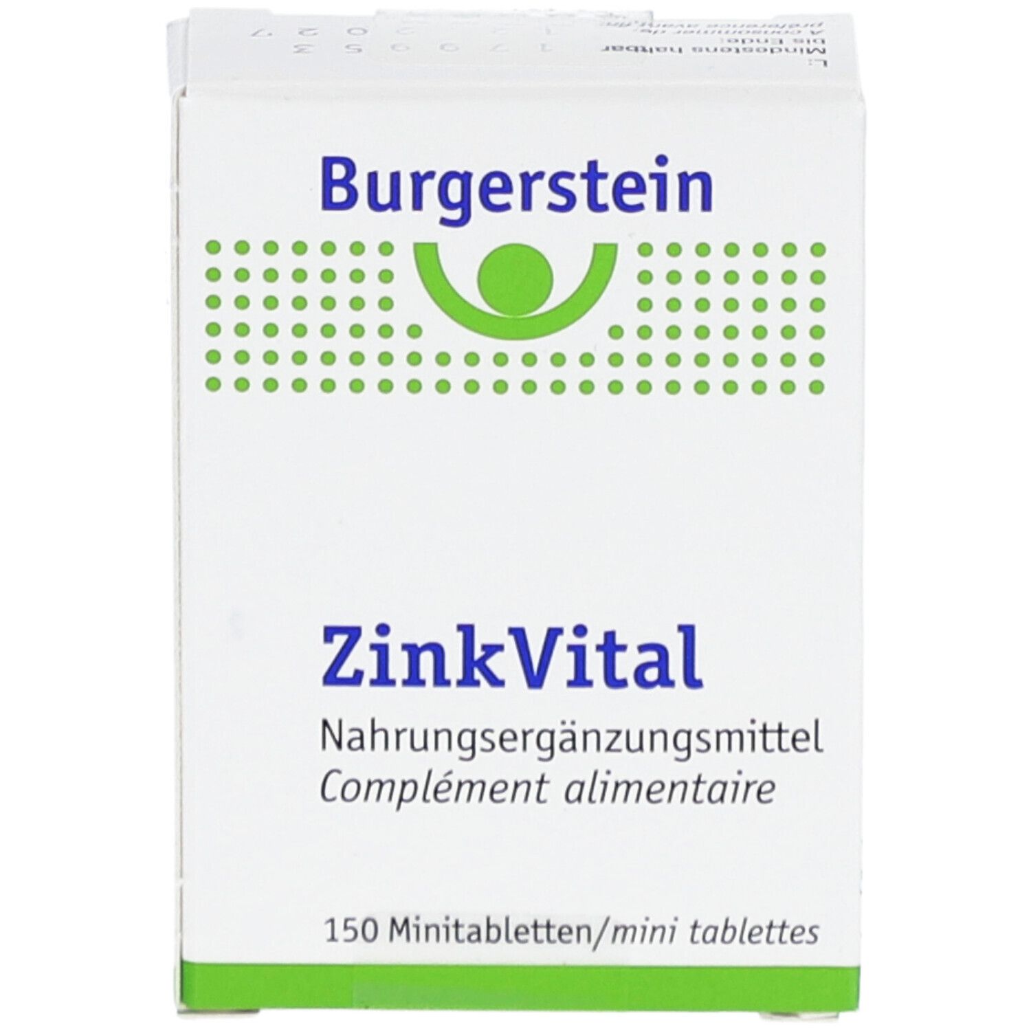 Weiße Schachtel "Burgerstein ZinkVital". Text: Nahrungsergänzungsmittel, 150 Minitabletten. Grünes Logo.