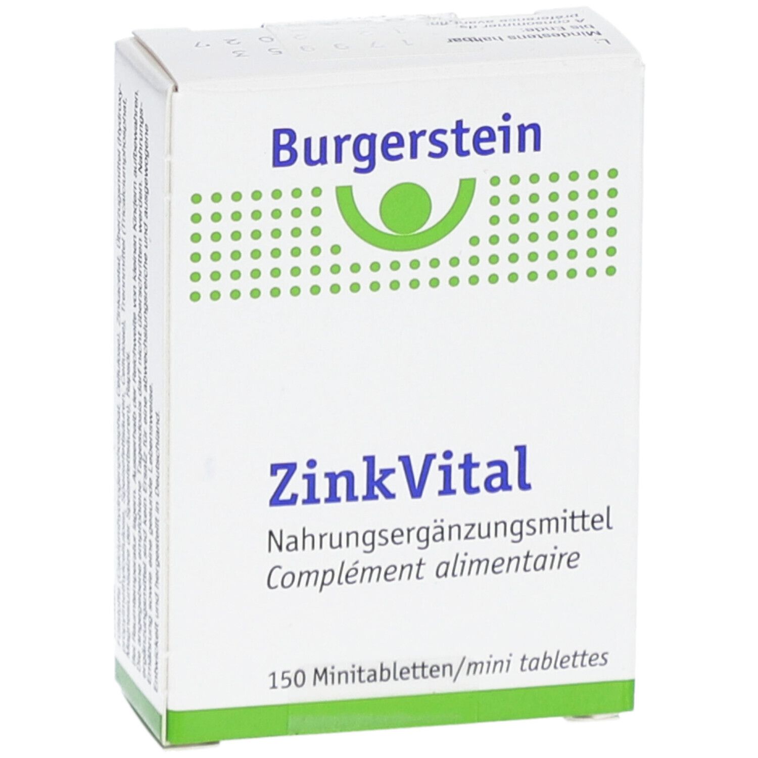 Weiße Schachtel "Burgerstein ZinkVital". Text: Nahrungsergänzungsmittel, 150 Minitabletten. Grünes Logo.