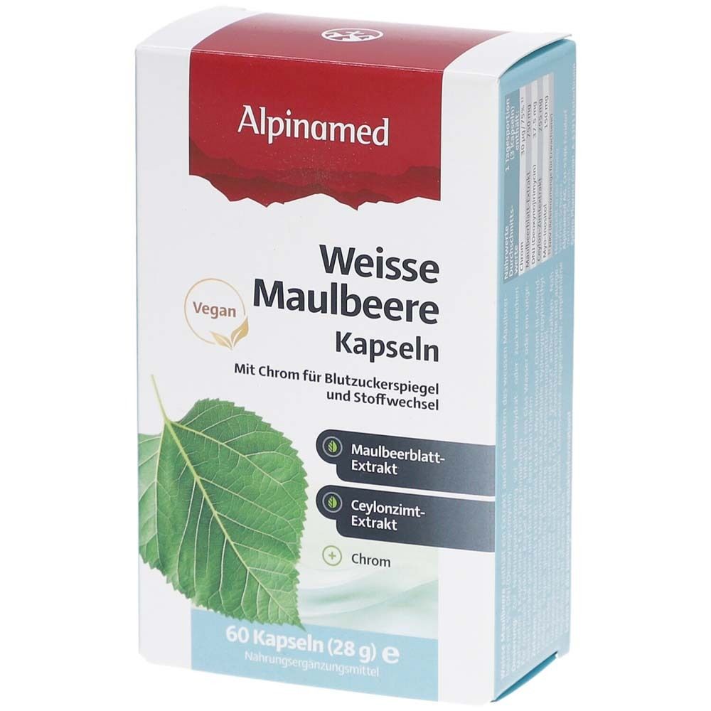 Alpinamed Weisse Maulbeere Kapseln. Weiße Schachtel mit Produktinformationen und Blatt-Illustration. Vegan-Siegel.