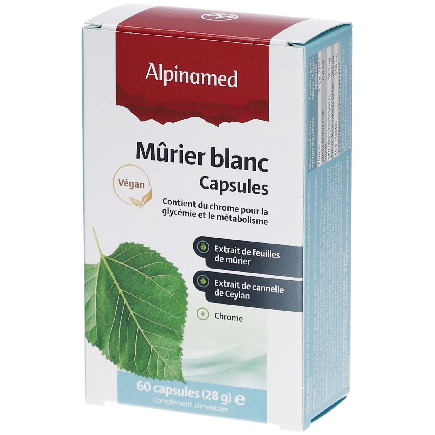 Alpinamed Mûrier blanc Capsules. Weiße Schachtel mit Produktinformationen und Blatt-Illustration. Vegan-Siegel.