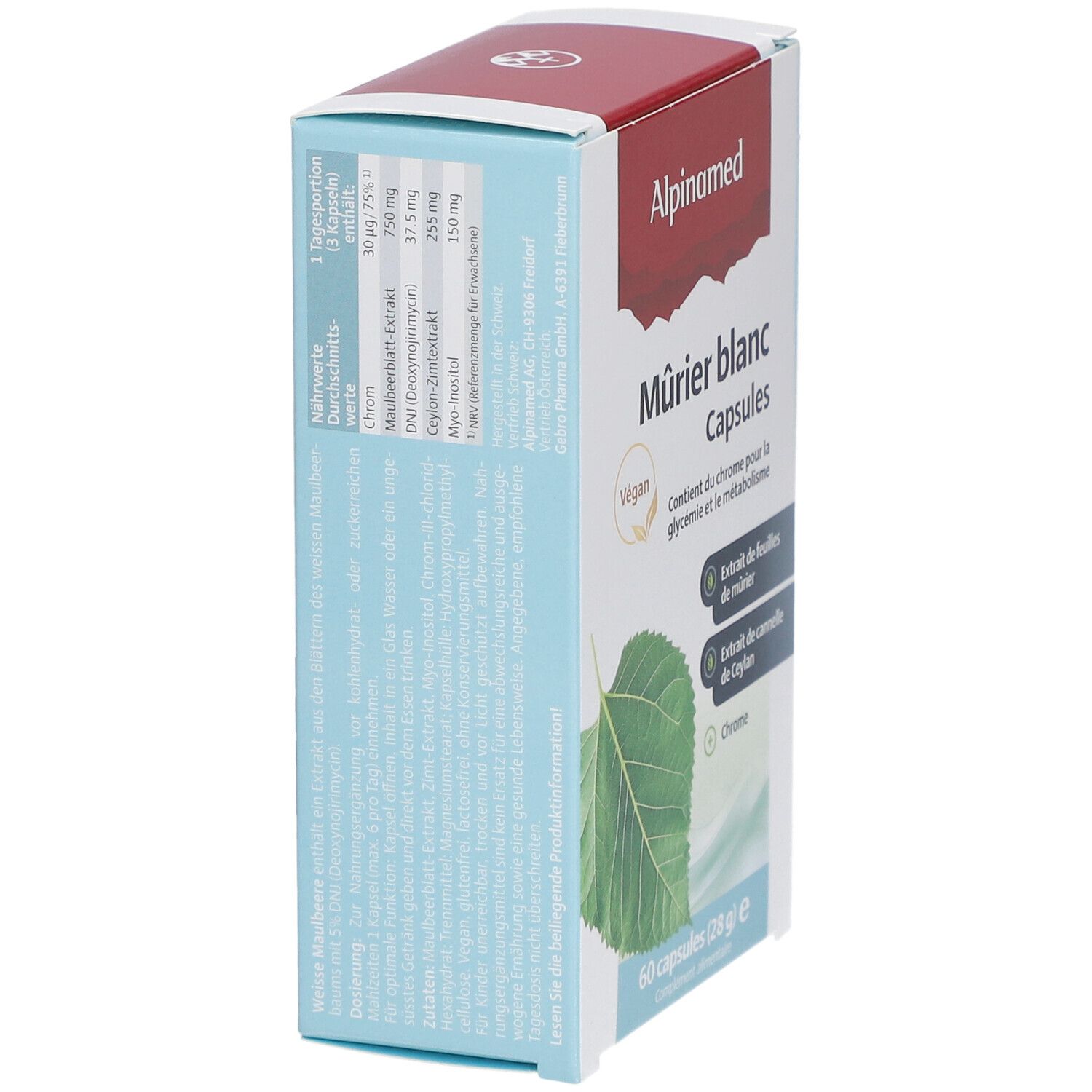 Alpinamed Mûrier blanc Capsules. Schachtel mit Produktinformationen. Seitenansicht mit Inhaltsstoffen und Nährwerten.