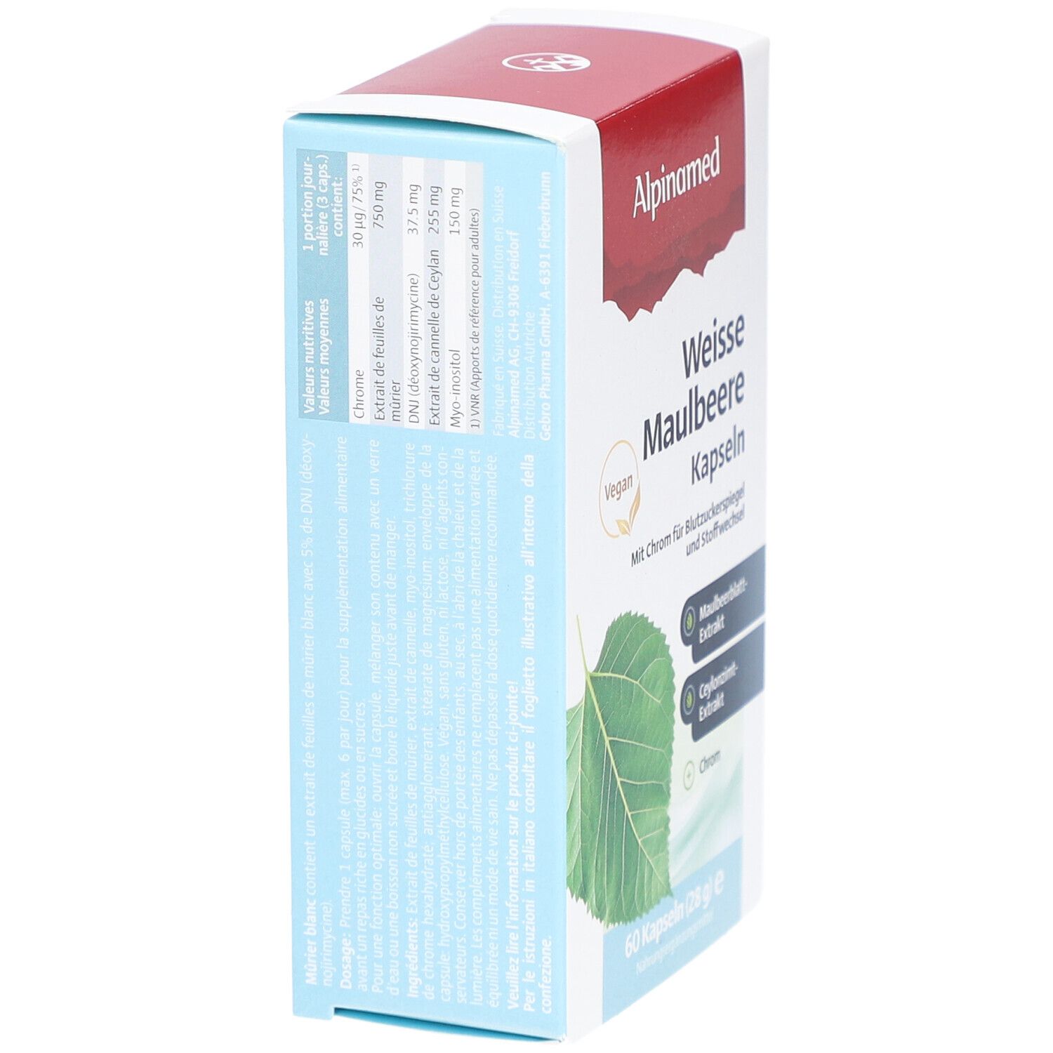 Alpinamed Weisse Maulbeere Kapseln. Schachtel mit Produktinformationen. Seitenansicht mit Inhaltsstoffen und Nährwerten.