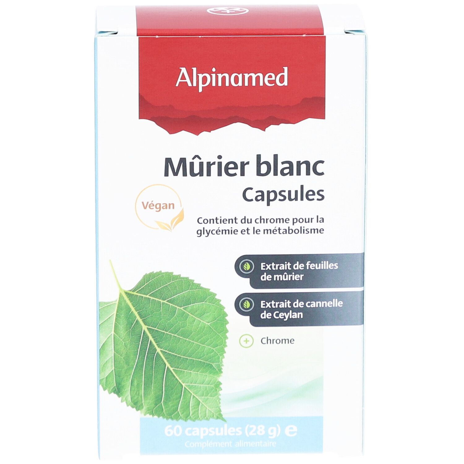 Alpinamed Mûrier blanc Capsules. Weiße Schachtel mit Produktinformationen und Blatt-Illustration. Vegan-Siegel.