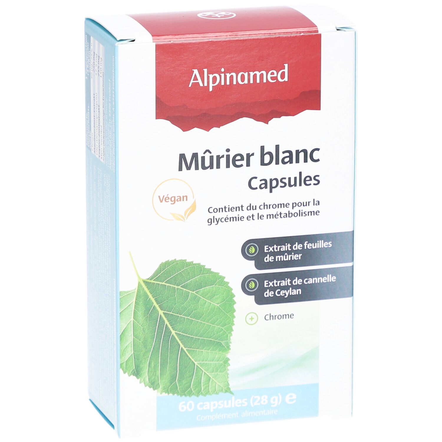 Alpinamed Mûrier blanc Capsules. Weiße Schachtel mit Produktinformationen und Blatt-Illustration. Vegan-Siegel.