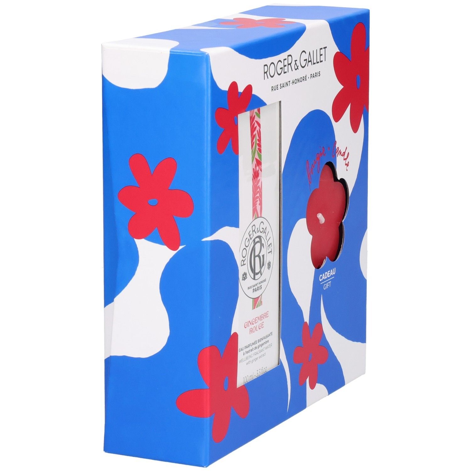 Roger & Gallet Geschenkbox mit blau-weißem Muster und roten Blumen. Enthält ein Produkt.