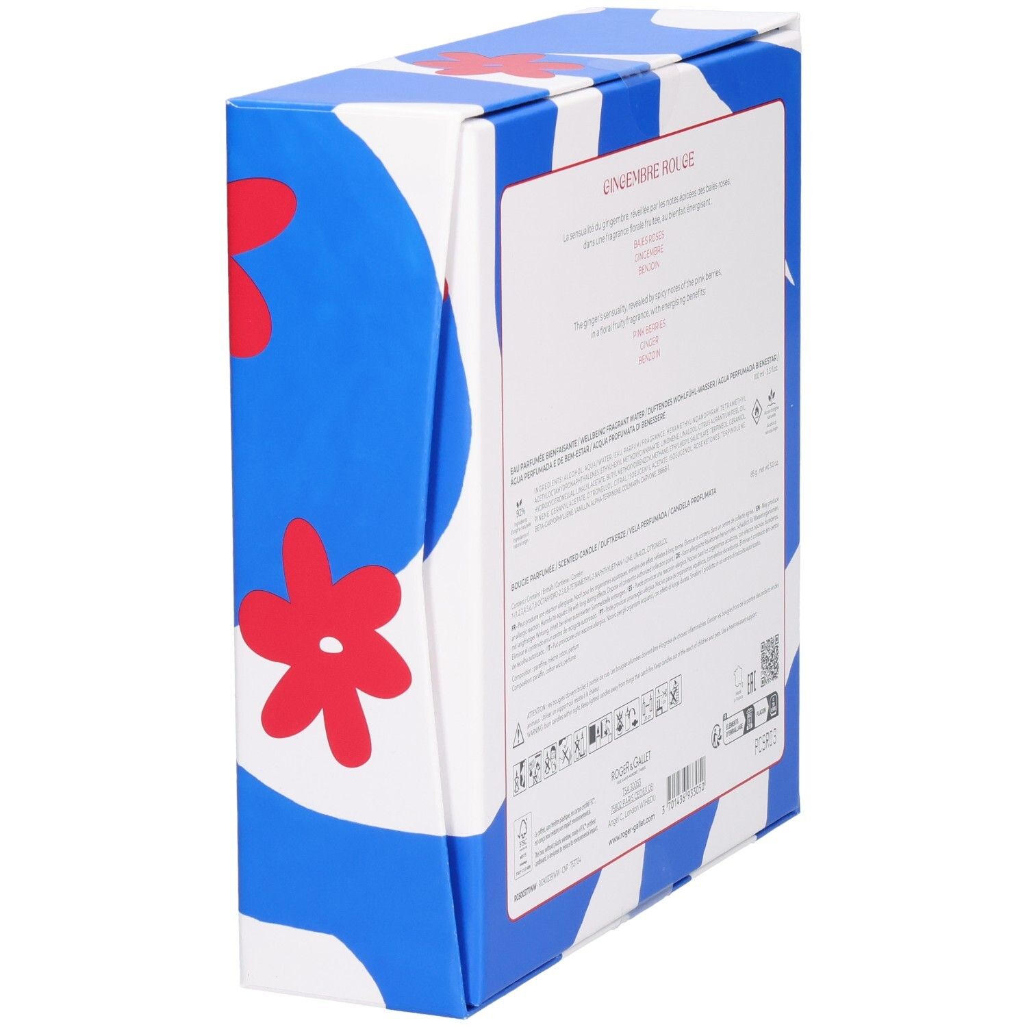 Verpackung mit blau-weißen Streifen und roten Blumenmotiven. Text und Symbole auf der Seite.