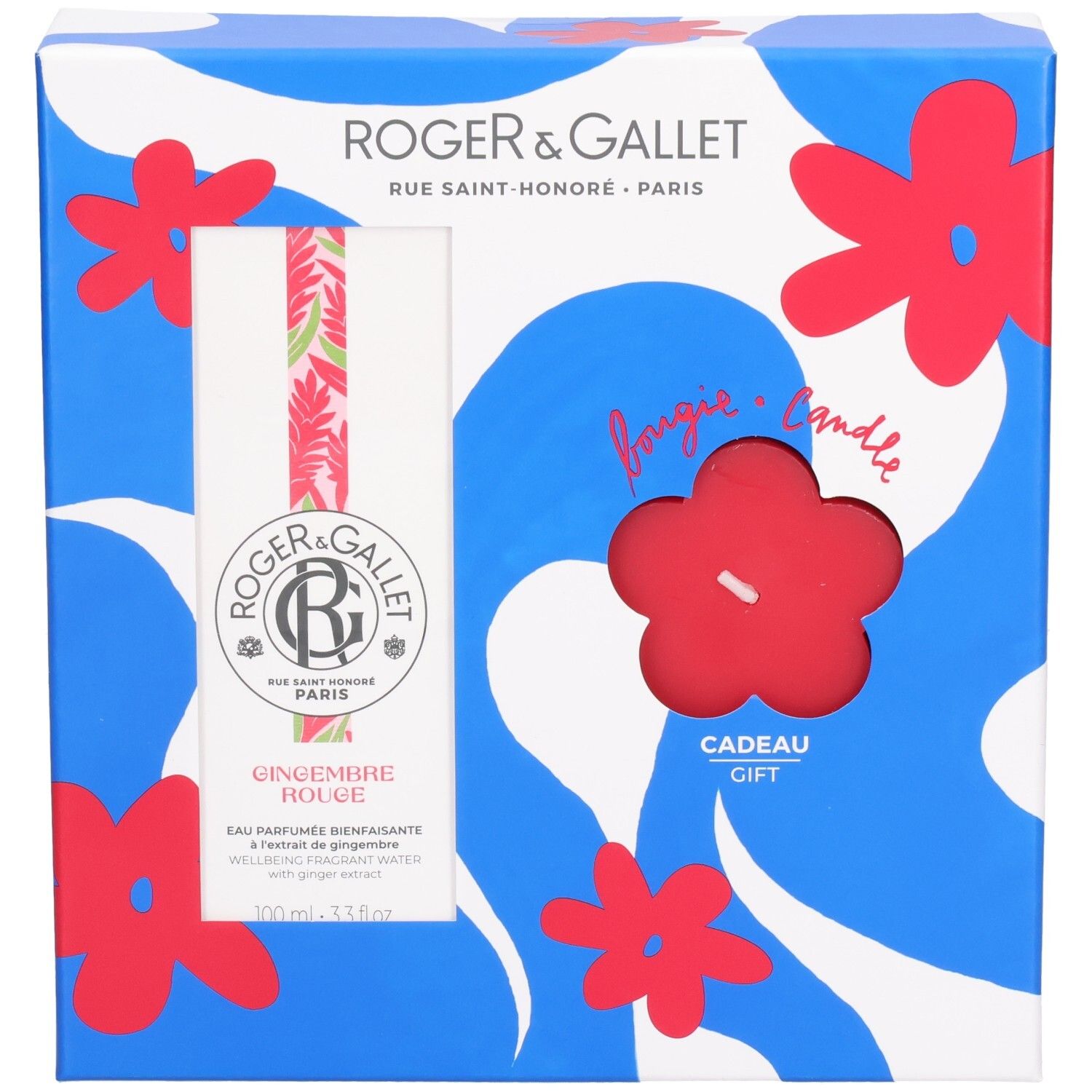 Roger & Gallet Geschenkset mit Eau de Parfum und roter Blumenkerze.