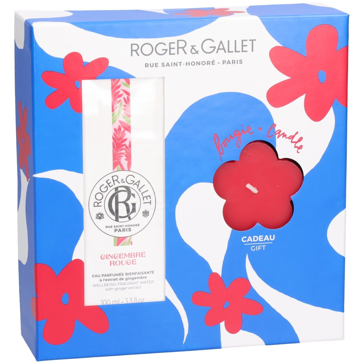 Roger & Gallet Geschenkset mit Eau Parfumée Bienfaisante und roter Blume-Kerze.