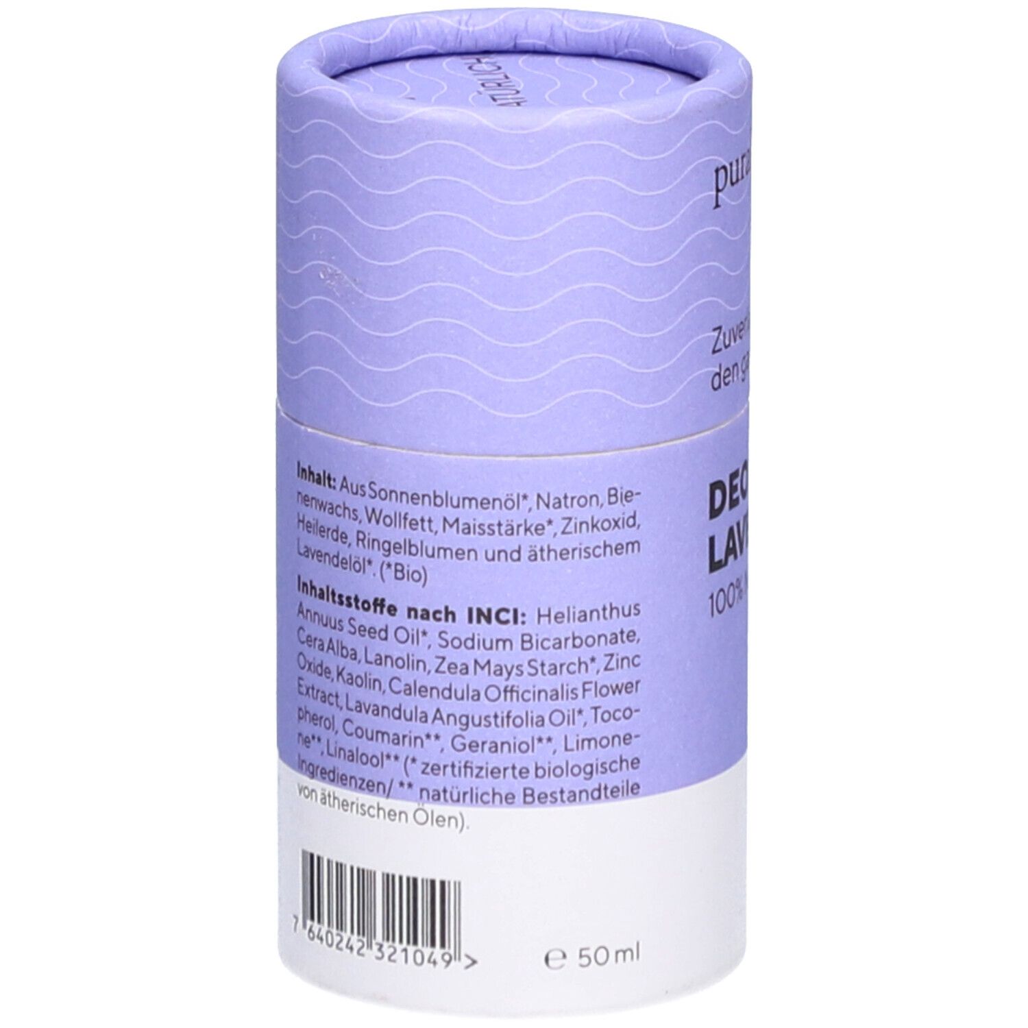 Deostick-Verpackung, Rückseite. Text: Inhaltsstoffe nach INCI, Zutatenliste. Unten: Barcode, Volumen 50 ml.