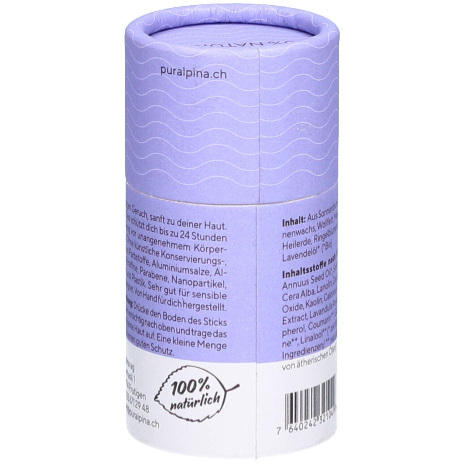 Deostick-Verpackung, Detail. Wellenmuster. Text: puralpina.ch, Inhaltsstoffe, 100% natürlich-Siegel.