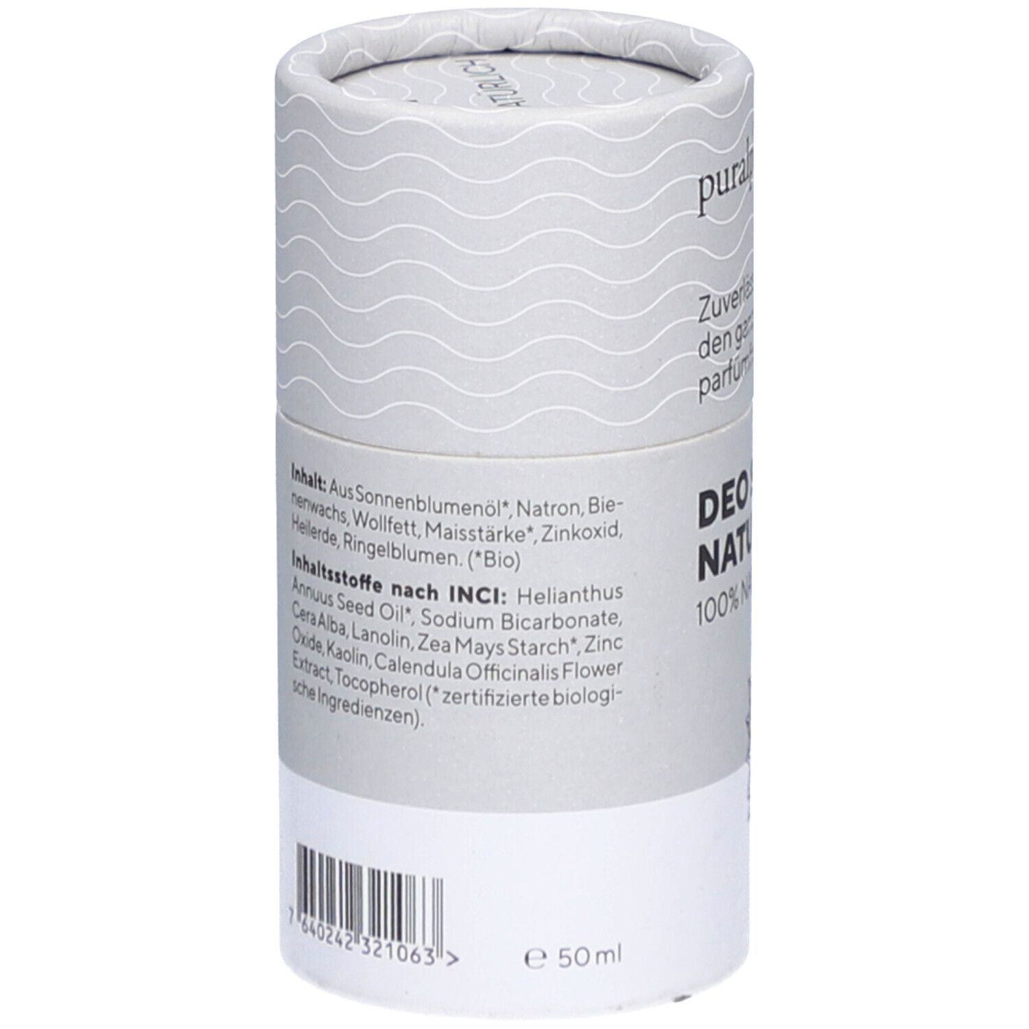 Zylindrische Verpackung mit Inhaltsstoffen: Sonnenblumenöl, Natron, Wollfett, Maisstärke, Zinkoxid, Ringelblumen. 50 ml.
