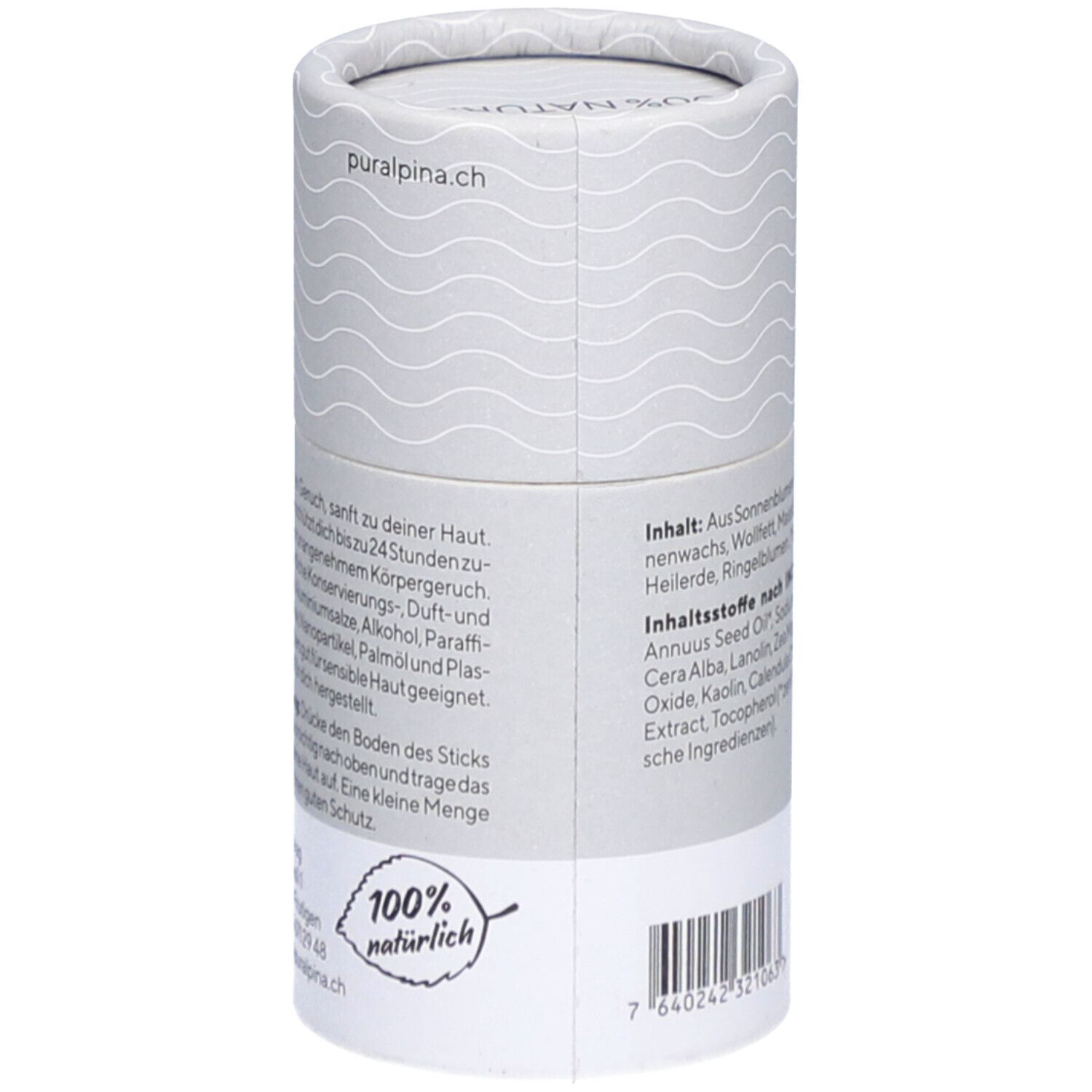 Zylindrische Verpackung mit Text: "100% natürlich". Enthält Informationen zur Anwendung und Inhaltsstoffen. Barcode.