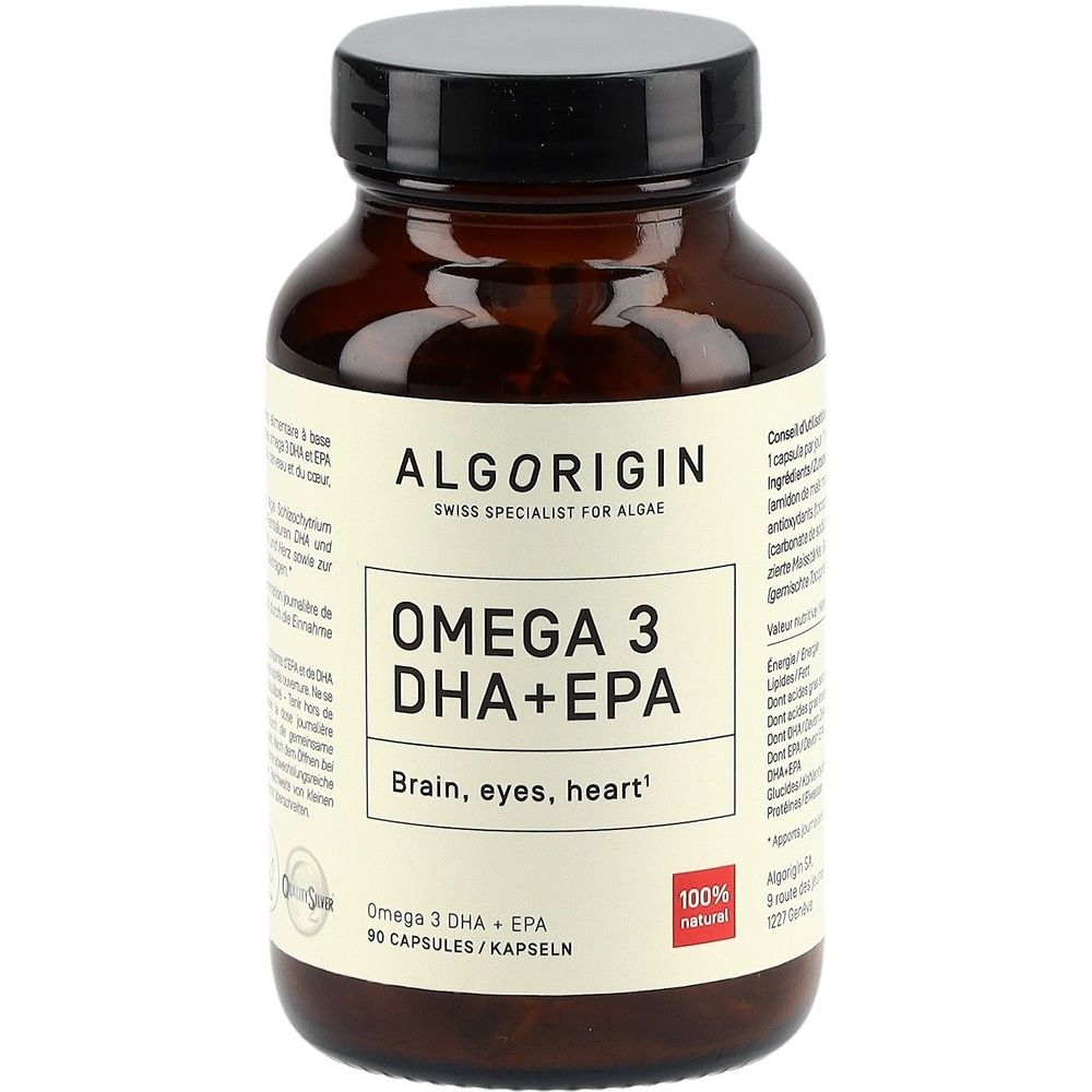 Flacon en verre brun avec bouchon noir. Étiquette "Algorigin Omega 3 DHA+EPA". 100% naturel.