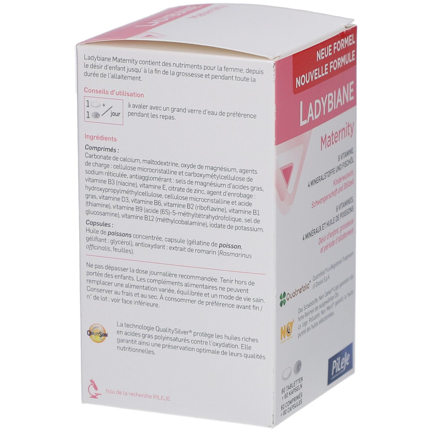 Dos de la boîte Ladybiane Maternity. Contient informations sur ingrédients et conseils d'utilisation.