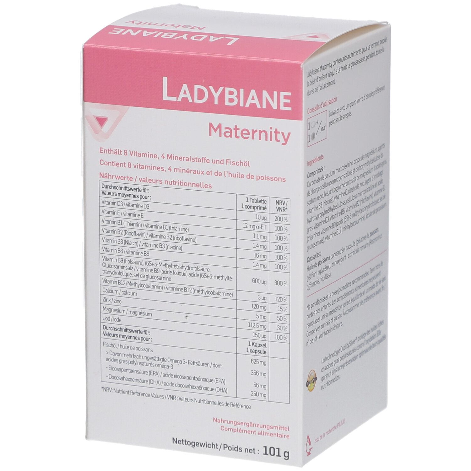 Côté boîte Ladybiane Maternity. Informations nutritionnelles et ingrédients. Poids : 101g.