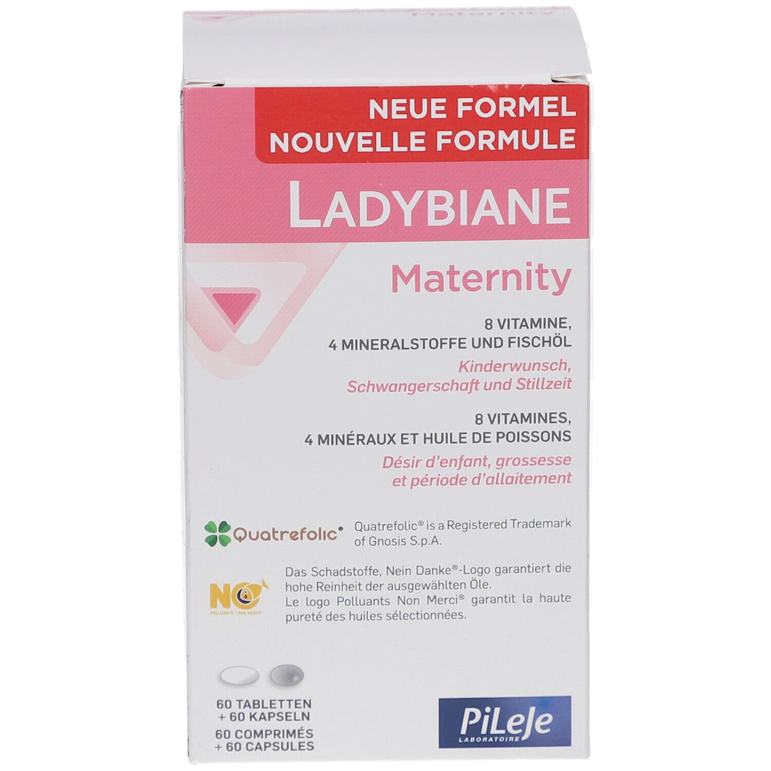 Face avant boîte Ladybiane Maternity. Boîte rose et blanche avec informations et logo.