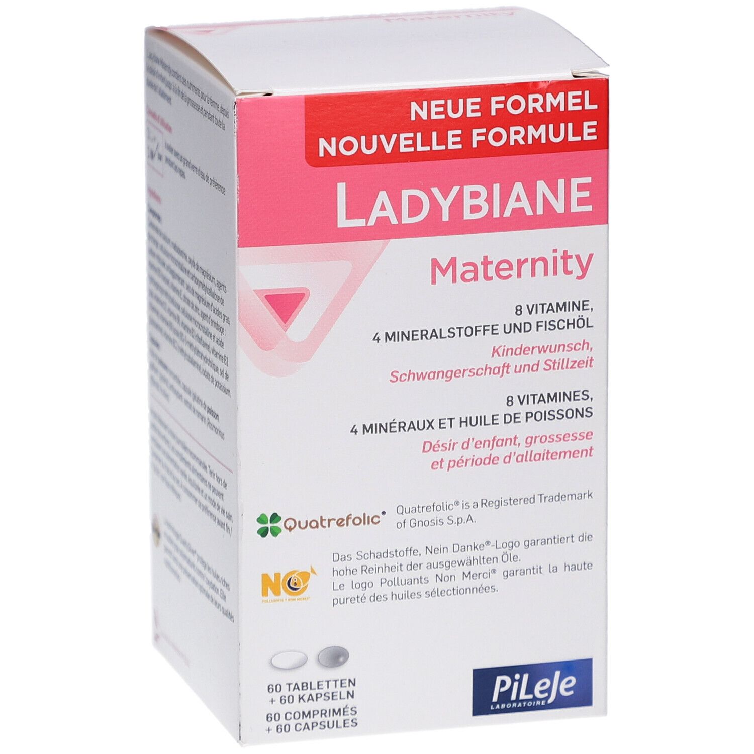 Face avant boîte Ladybiane Maternity. Boîte rose et blanche avec informations et logo.