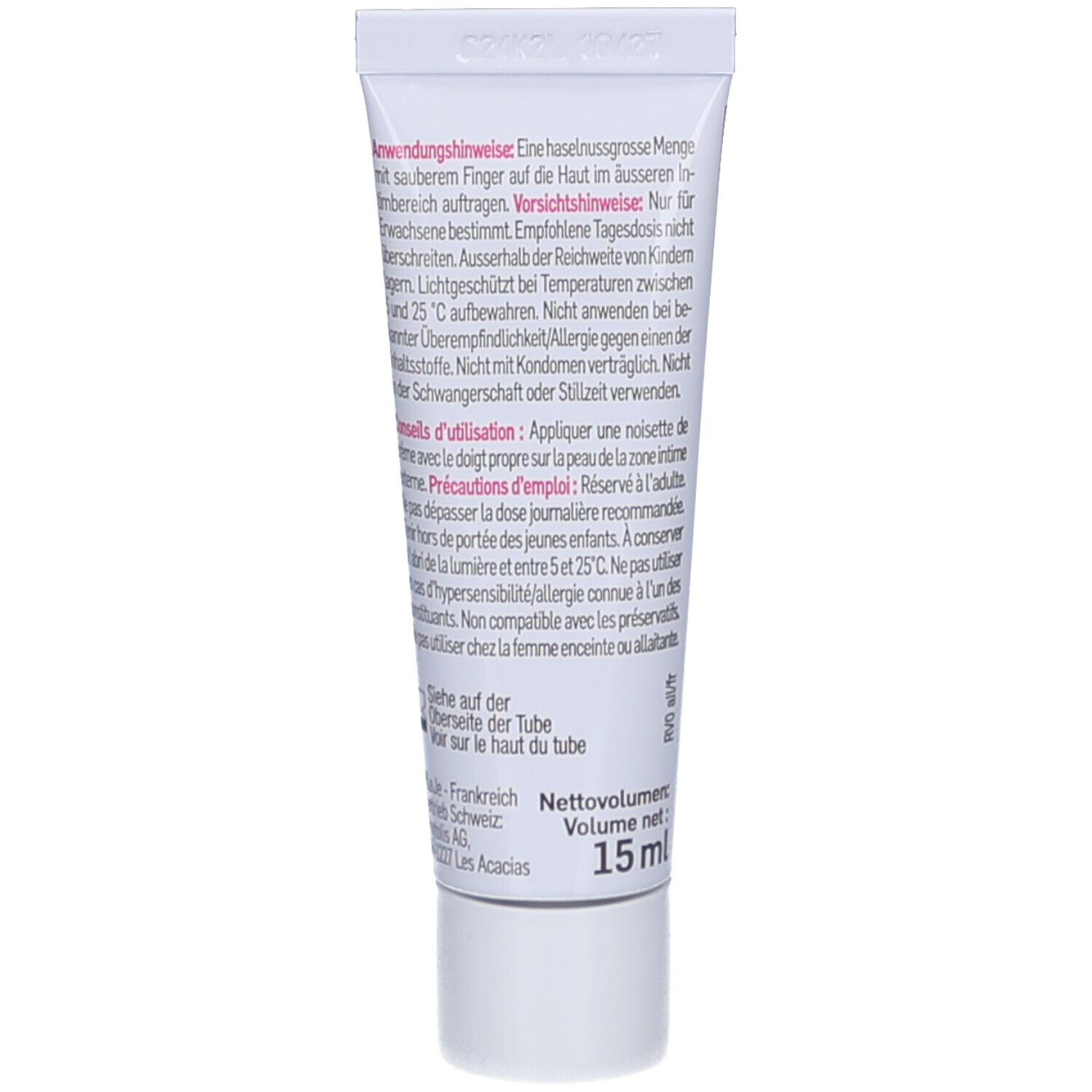 Rückseite der Creme-Tube. Text in mehreren Sprachen. Herstellerinformationen und Volumen: 15 ml.