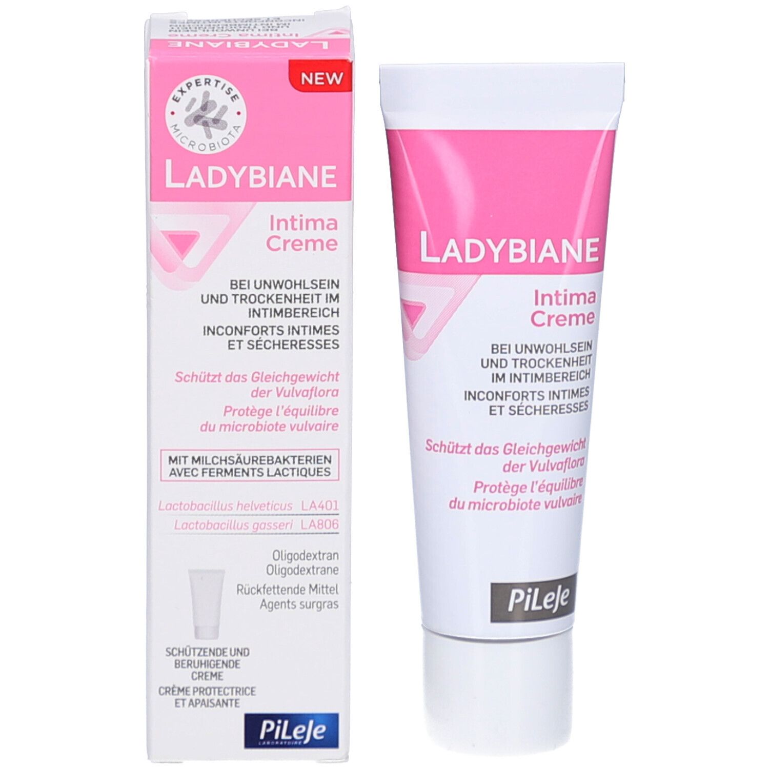 Produktverpackung und Tube. Verpackung: weiß mit rosa Akzenten. Beschriftung: Ladybiane Intima Creme.