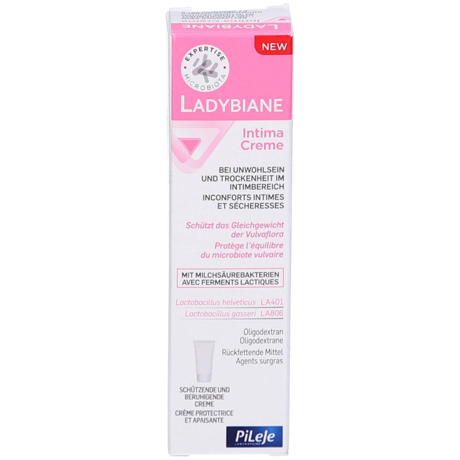 Produktverpackung. Weiß mit rosa Akzenten. Beschriftung: Ladybiane Intima Creme. Logo und Text.