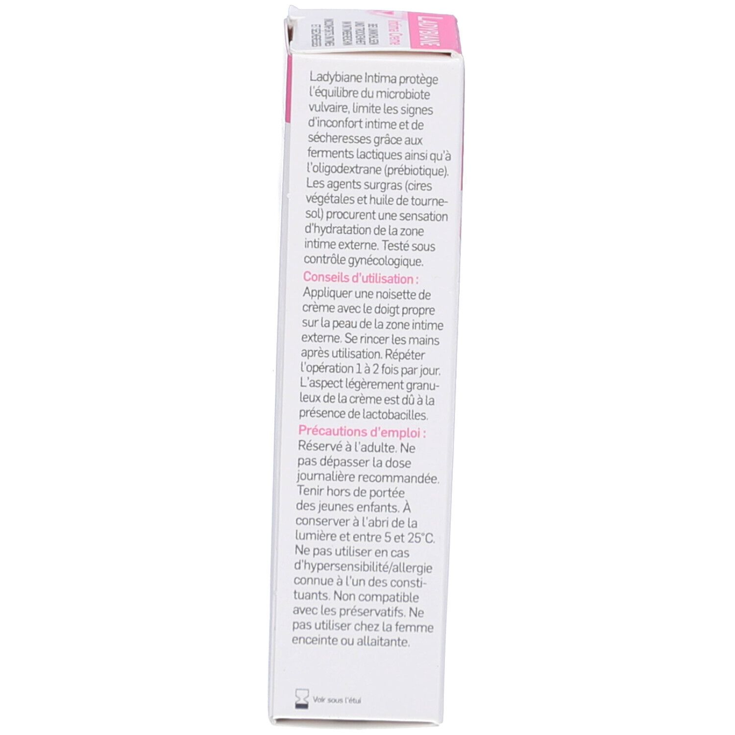 Seitenansicht der Produktverpackung. Text in mehreren Sprachen. Herstellerinformationen.