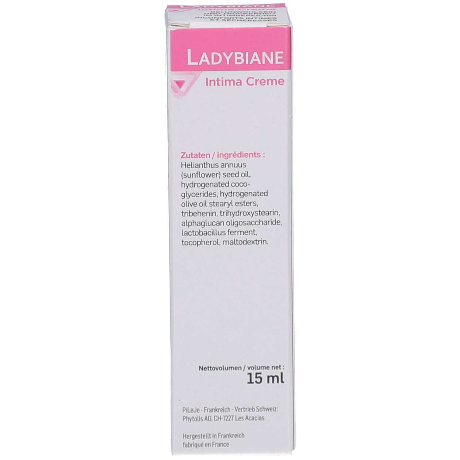 Seitenansicht der Produktverpackung. Zutatenliste und Volumen: 15 ml.