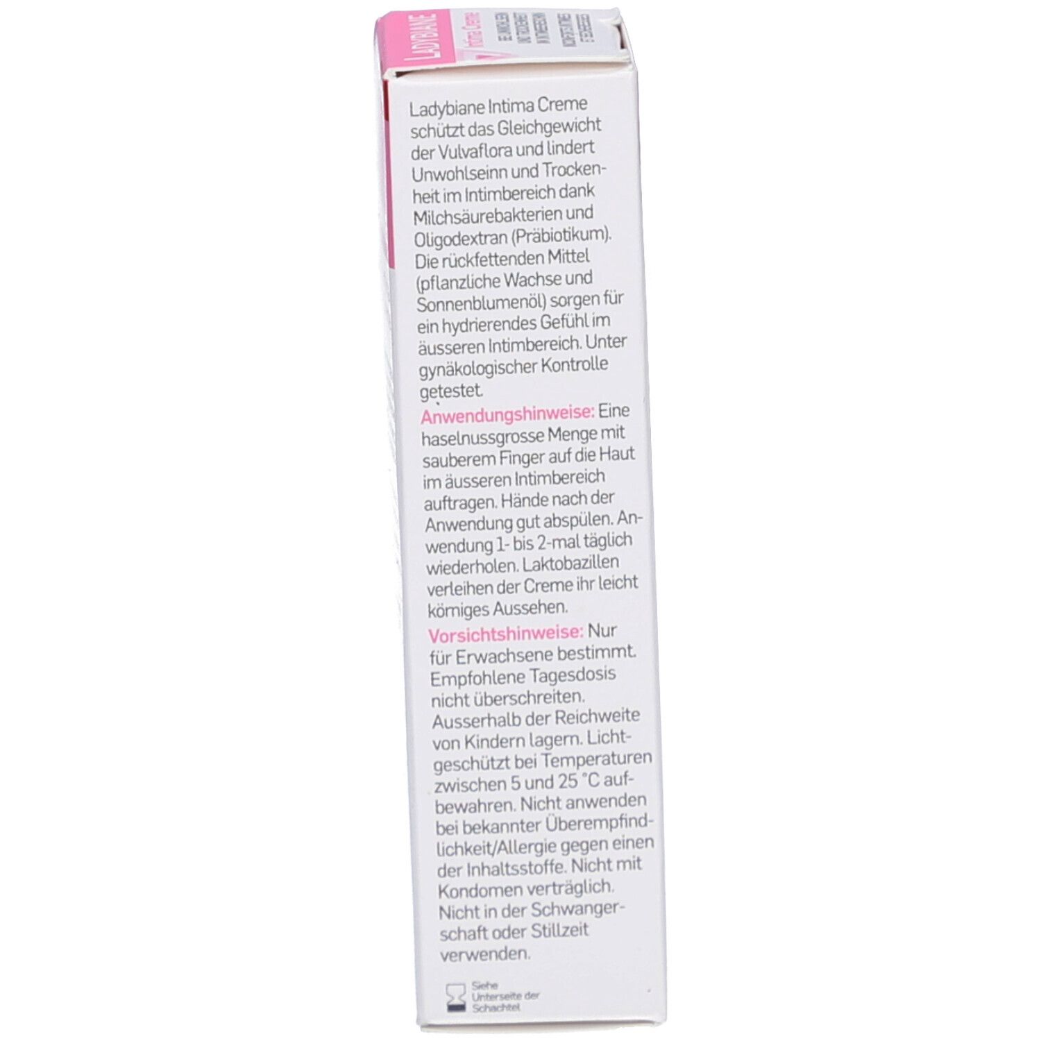 Seitenansicht der Produktverpackung. Text in mehreren Sprachen. Anwendungshinweise.