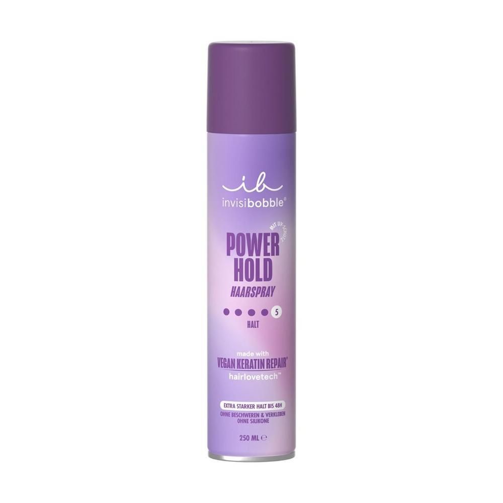 Haarspray-Dose, lila-farben. Aufschrift: invisibobble, POWER HOLD, HAARSPRAY, Halt 5. Vegan Keratin Repair.
