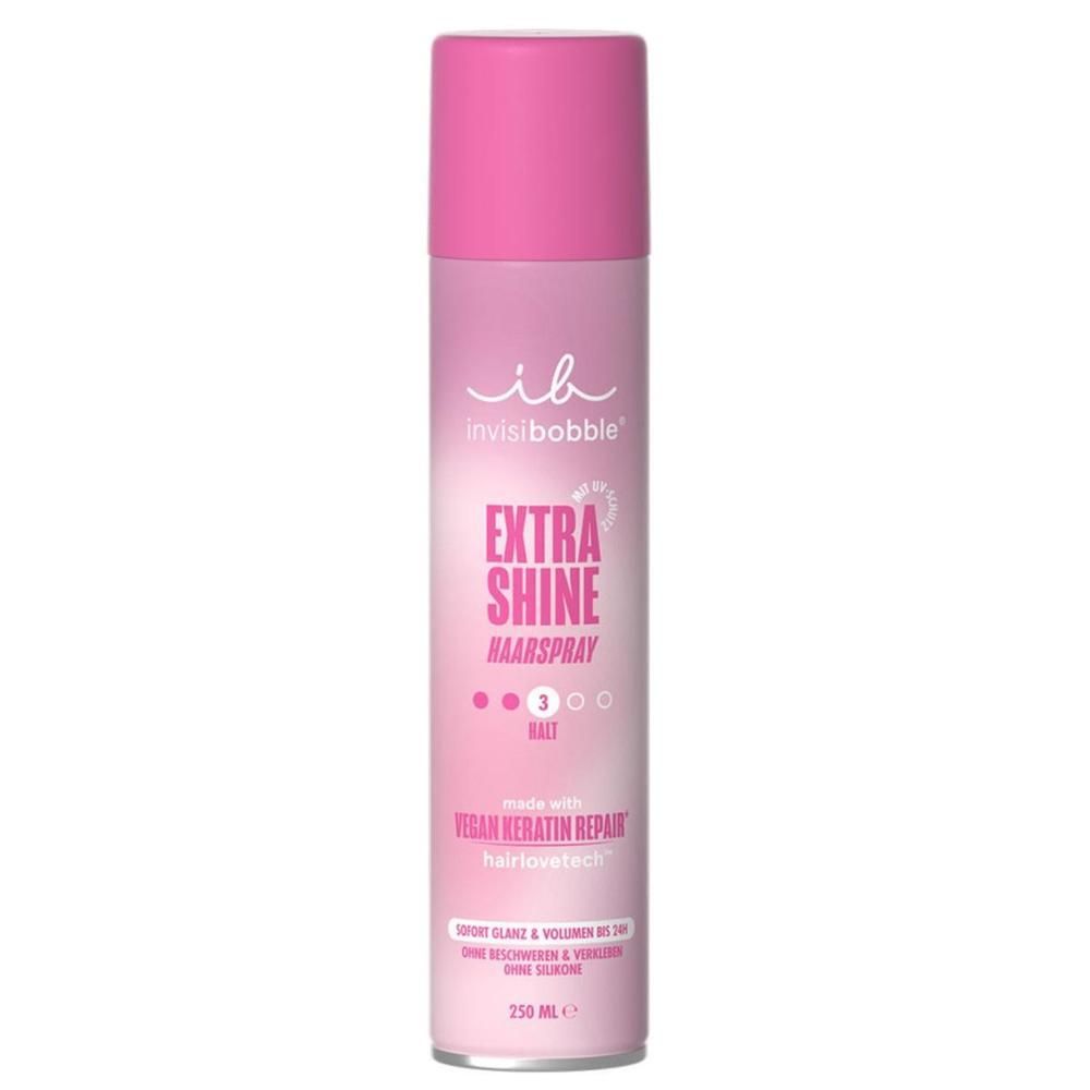 Rosa Haarspray-Dose mit pinkfarbenem Deckel. Aufschrift: invisibobble, EXTRA SHINE HAARSPRAY, vegan keratin repair. 250 ml.
