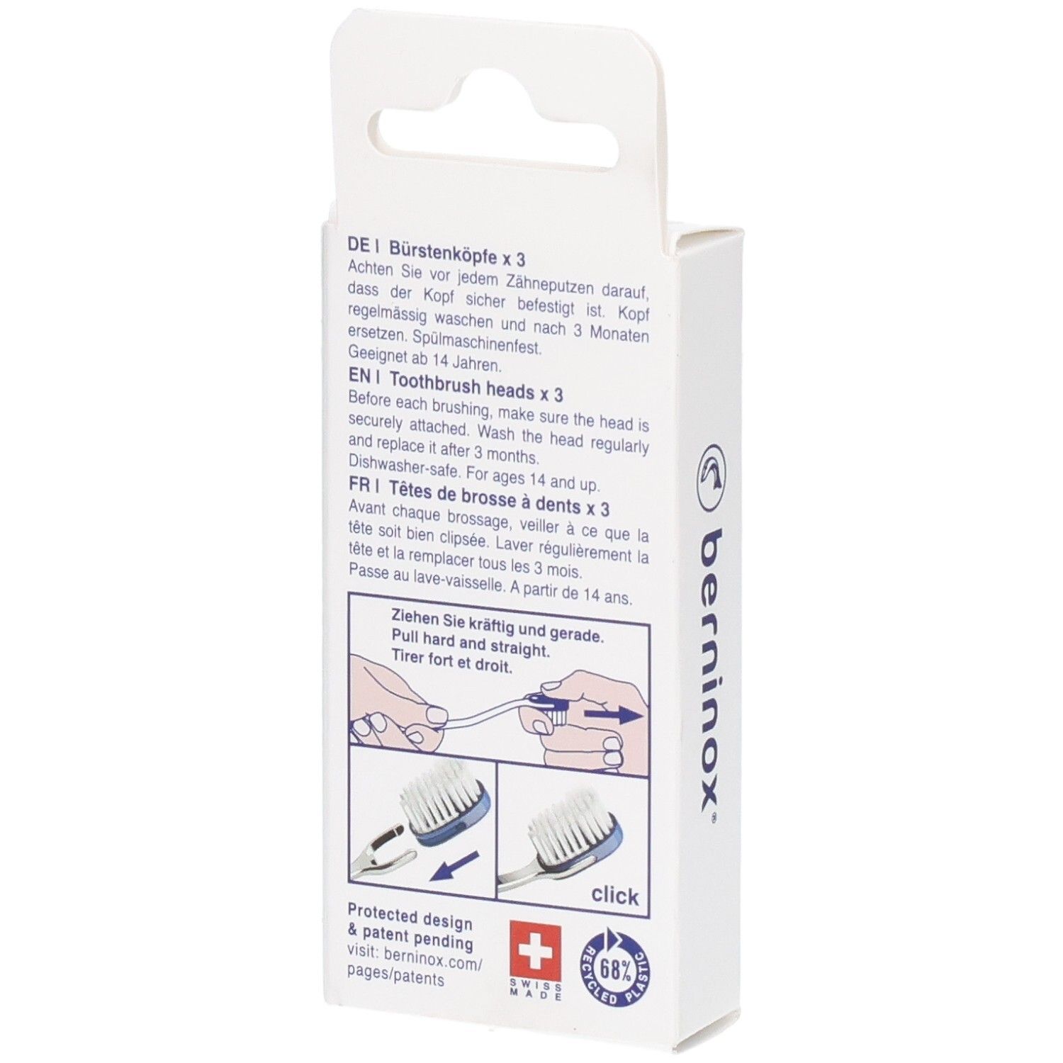 Rückseite der Verpackung mit Produktinformationen. Marke Berninox, Schweizer Kreuz, Piktogramme.