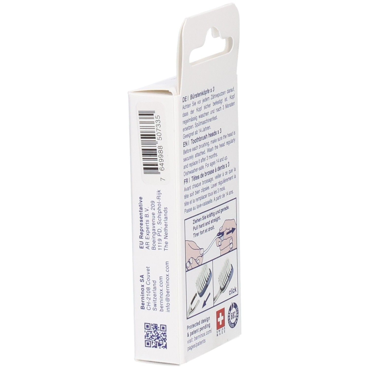 Rückseite der Verpackung mit Produktinformationen. Marke Berninox, Schweizer Kreuz, Piktogramme.