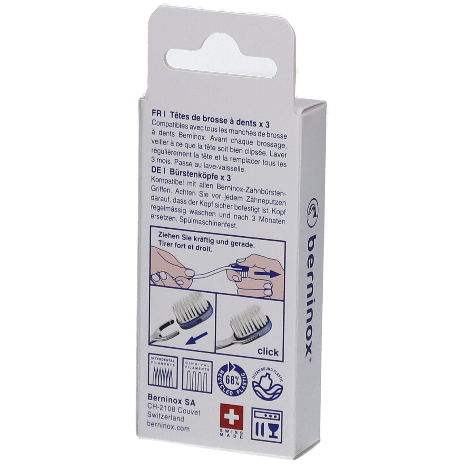 Rückseite der Verpackung mit Text und Illustrationen. Anweisungen zum Wechseln der Bürstenköpfe.