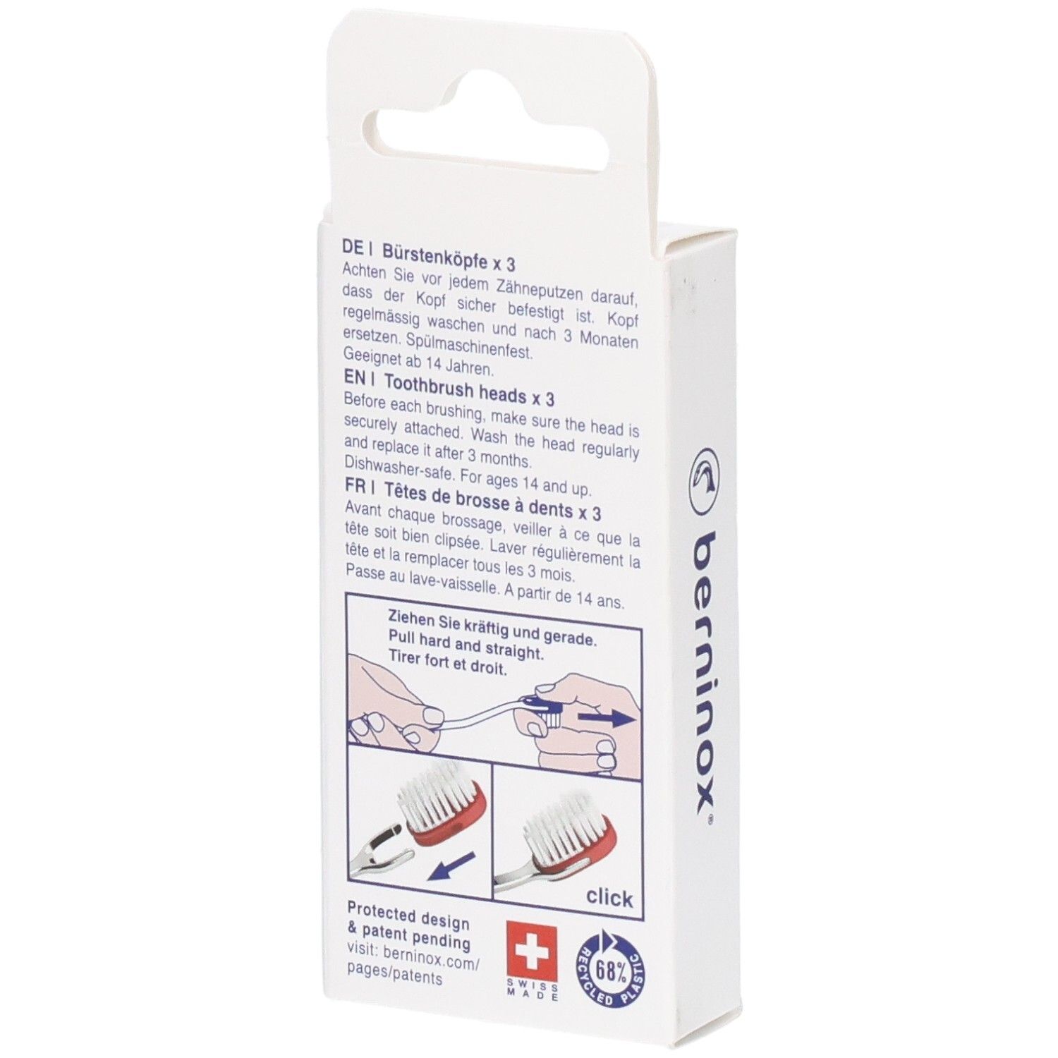 Rückseite der Verpackung mit Produktinformationen, Illustrationen und Logo. Schweizer Kreuz.