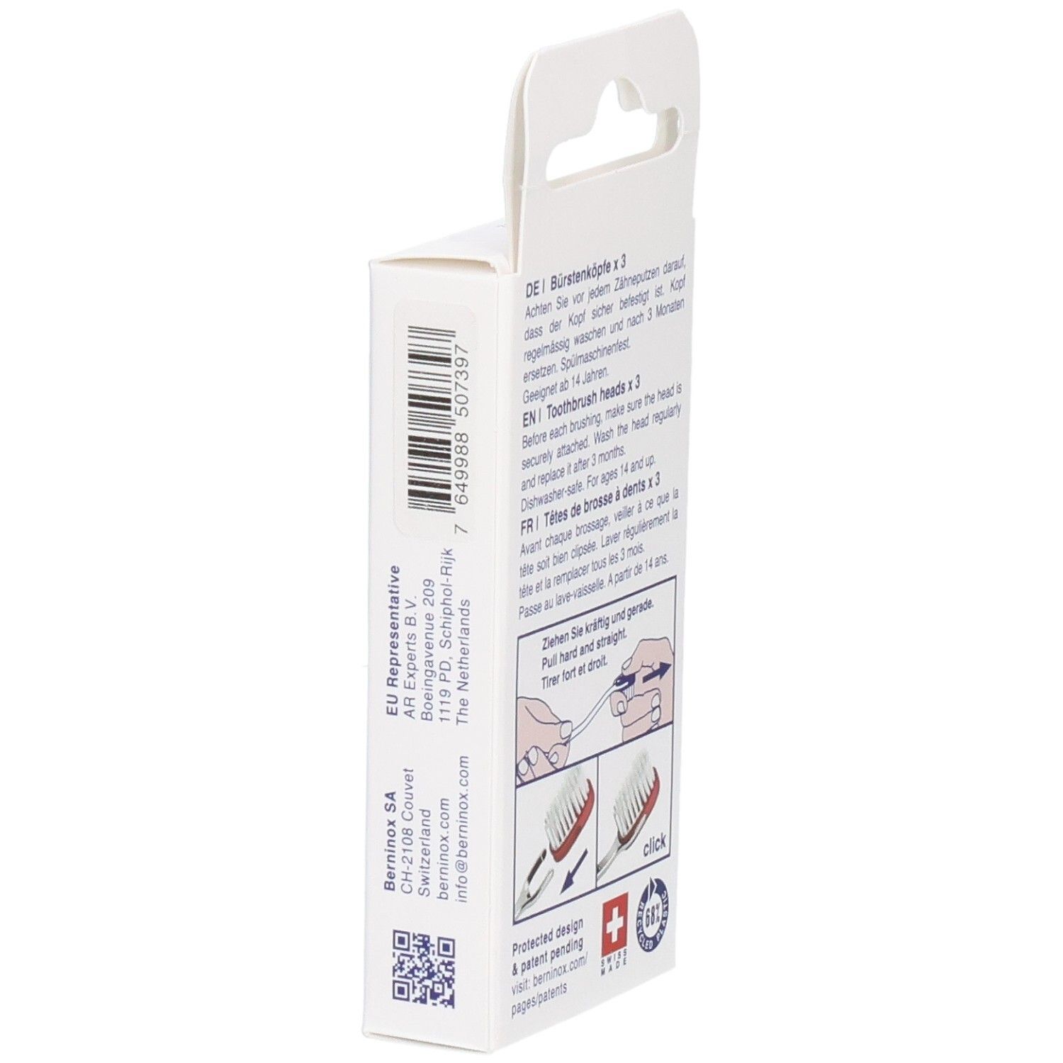 Seitenansicht der Verpackung mit Produktinformationen und Logo. Schweizer Kreuz.