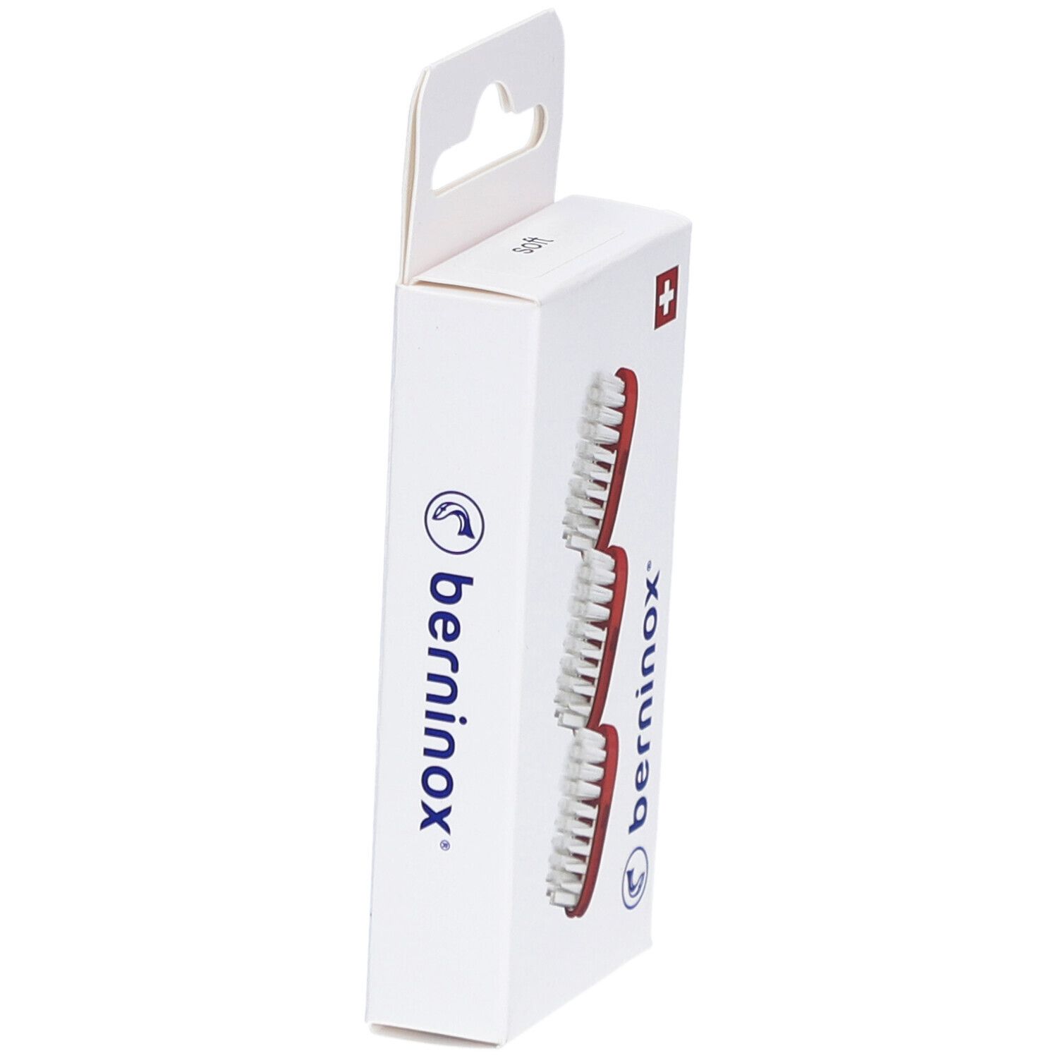Seitenansicht der Verpackung mit drei Ersatz-Bürstenköpfen. Logo 'berninox' und Schweizer Kreuz sichtbar.
