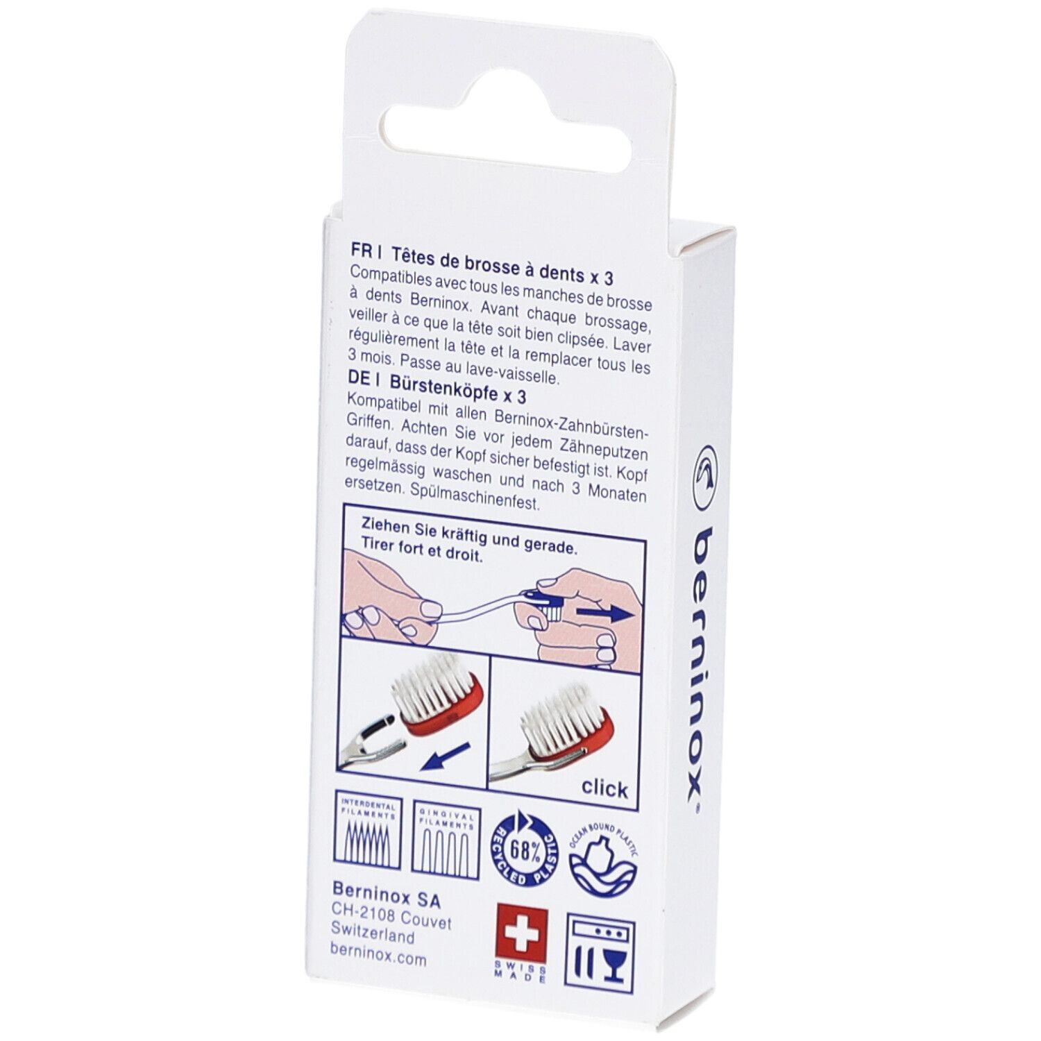 Rückseite der Verpackung mit Anweisungen und Logo 'berninox'. Schweizer Kreuz und Piktogramme.