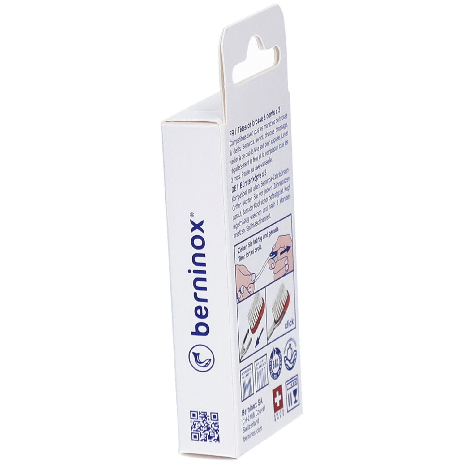 Seitenansicht der Verpackung mit Anweisungen und Logo 'berninox'. Schweizer Kreuz und Piktogramme.