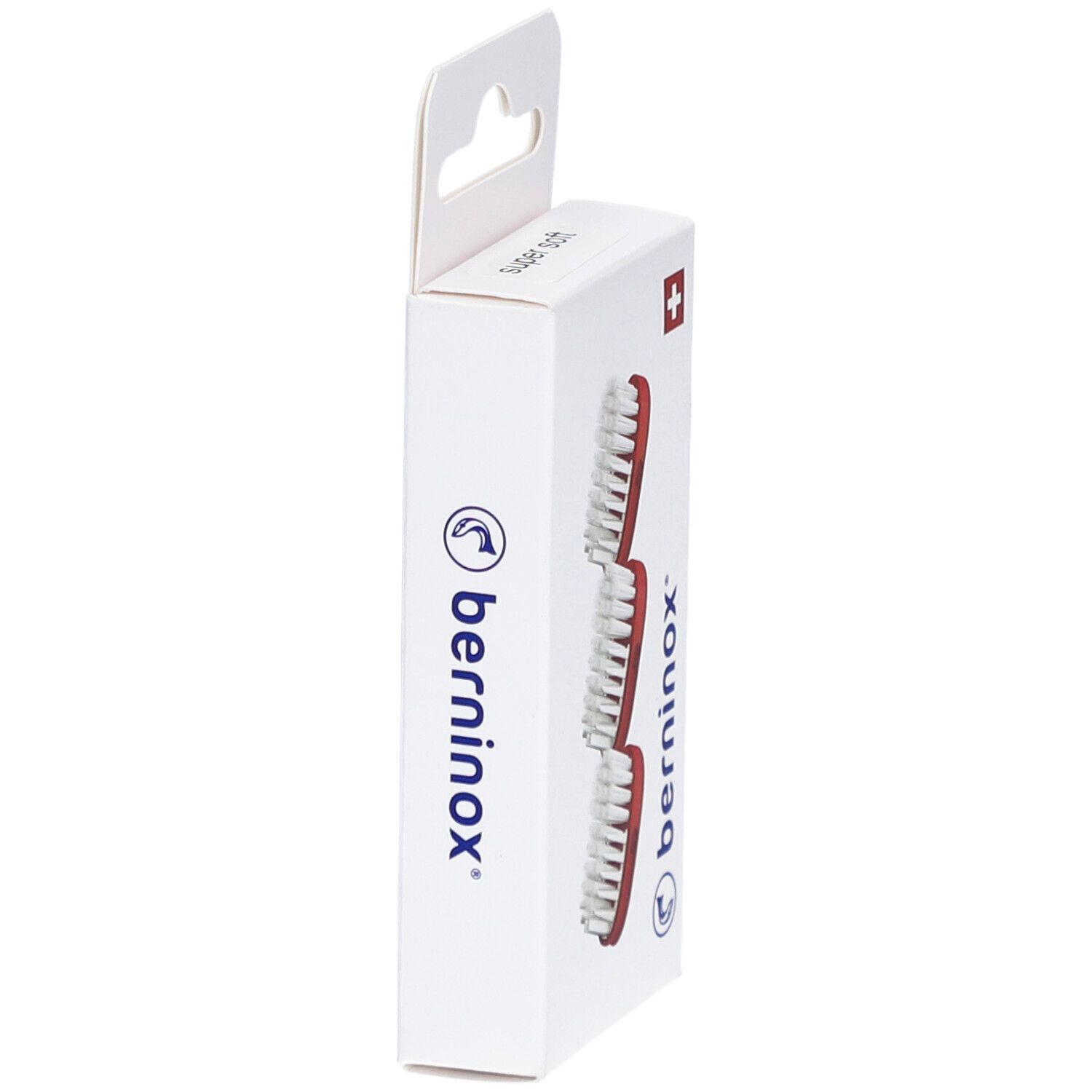 Verpackung mit drei Ersatz-Bürstenköpfen. Seite mit berninox-Logo und Schweizer Kreuz. Aufhängevorrichtung.